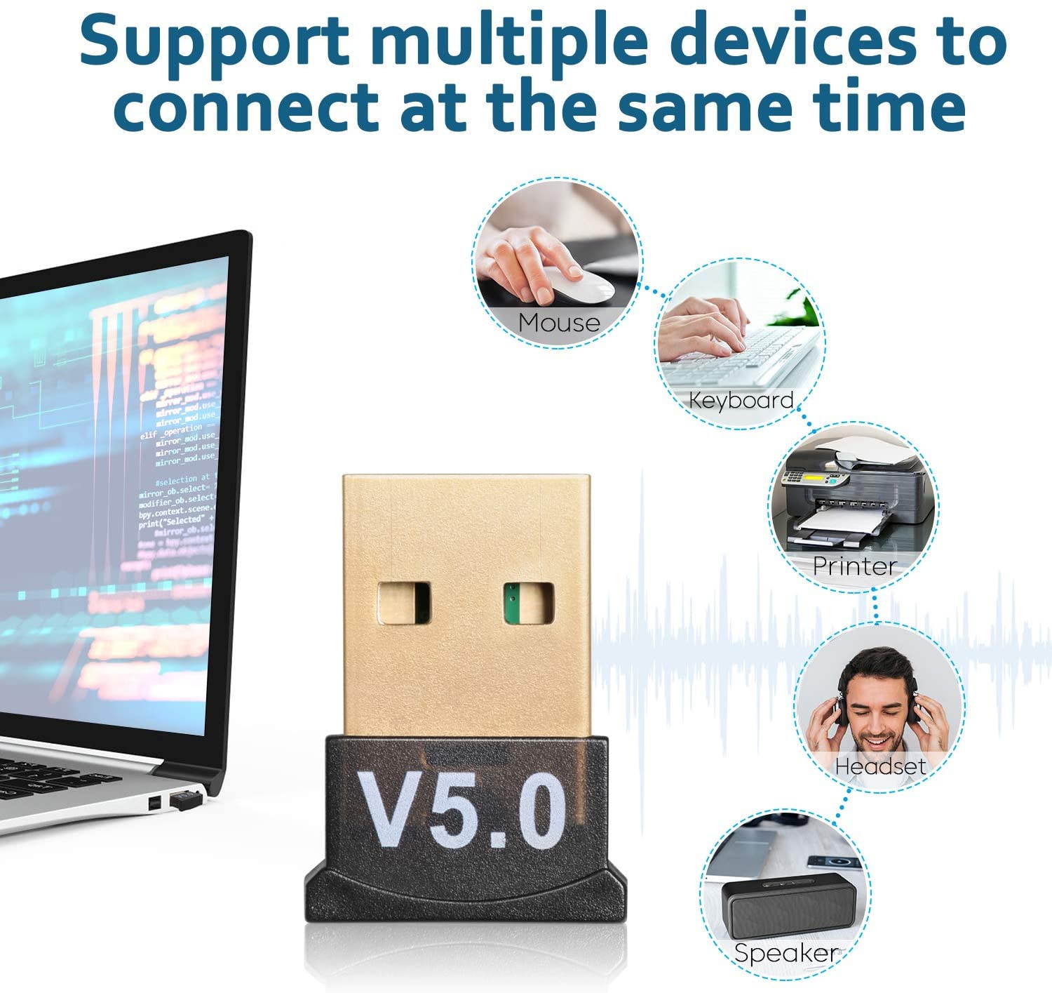 USB Bluetooth 5.0 Adapter for PC Win10/8.1/8/7/XP/Vista, Desktop Computer Bluetooth Dongle Receiver/Transmitter for Laptop Support to Connect Headset, Mouse, Keyboard, Printer, Speaker