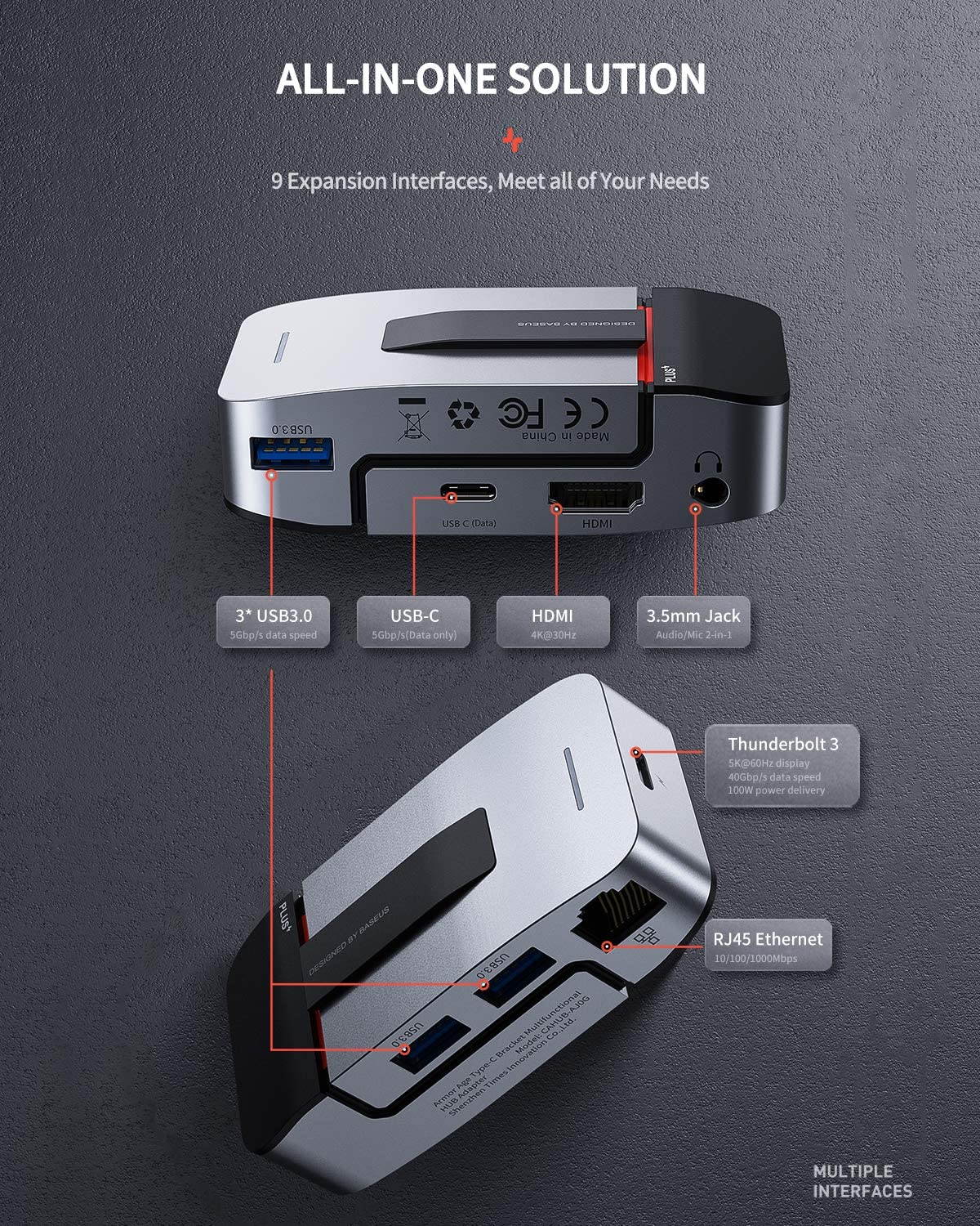 Baseus USB C Hub Adapter for MacBook Pro 2020/2019/2018/2017, 9-in-1 USB Type C Hub Dongle with 2 Thunderbolt 3 Ports(40Gbps), 4K HDMI, RJ45 Ethernet, USB-C Data Port, 3 USB 3.0 and Audio