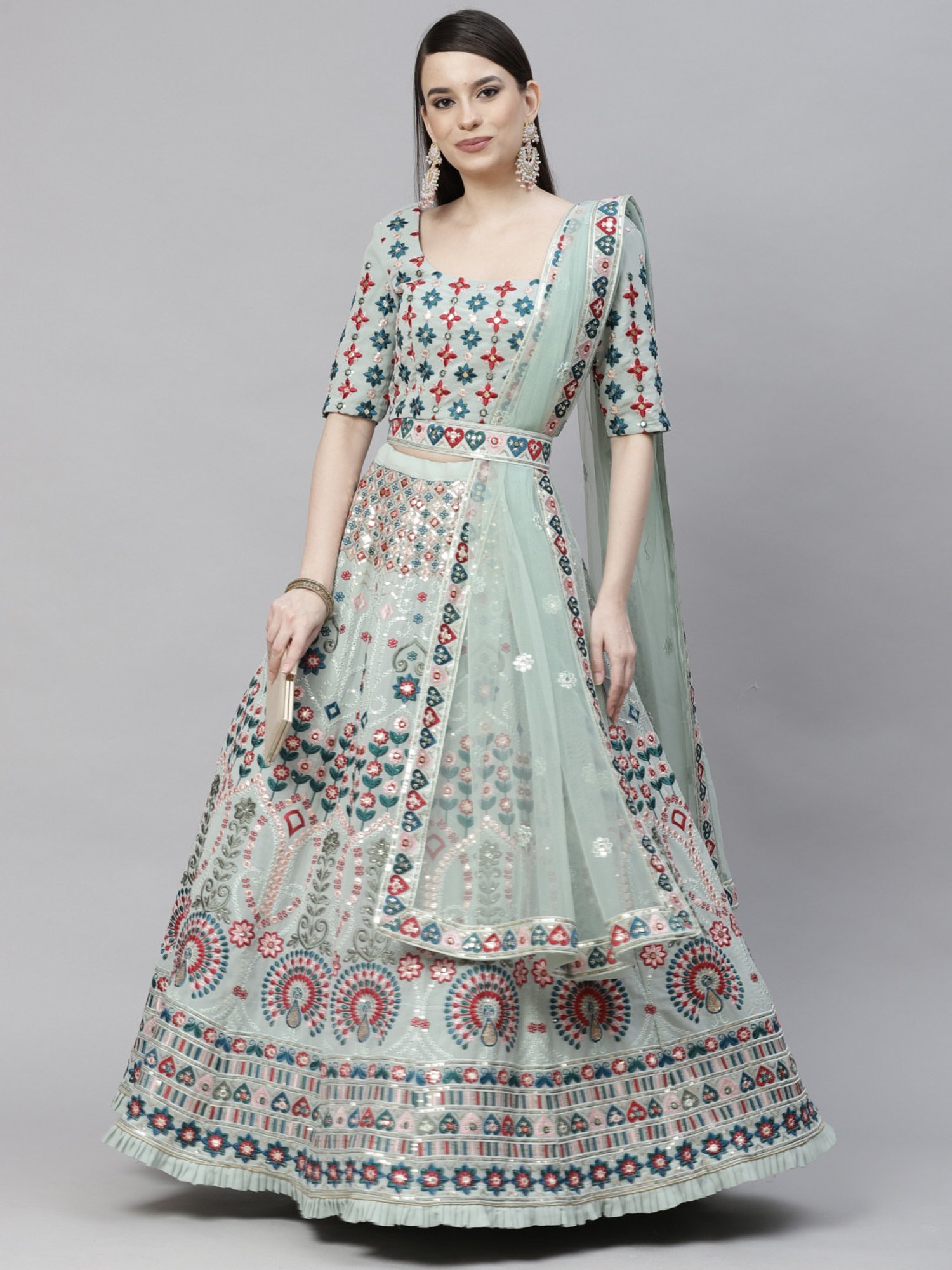 SHUBHKALA Pista Green Embellished Lehenga and Choli Set With Dupatta