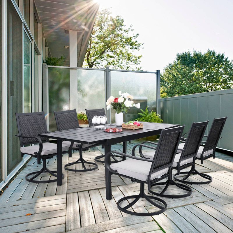 7pc Patio Dining Set with 360 Swivel Chairs with Cushions and Rectangle Concertina Steel Table - Captiva Designs