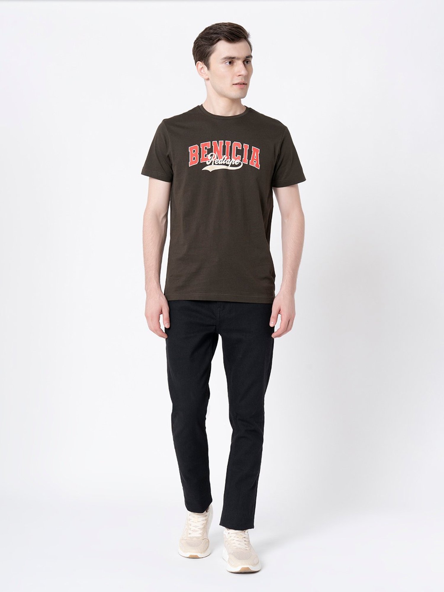 Red Tape Dark Olive Regular Fit Graphic Print Cotton Crew T-Shirt