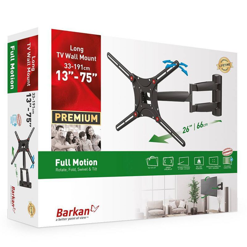 Barkan 13 - 75 " Full Motion - 4 Movement Long Premium Flat / Curved TV Wall Mount Black