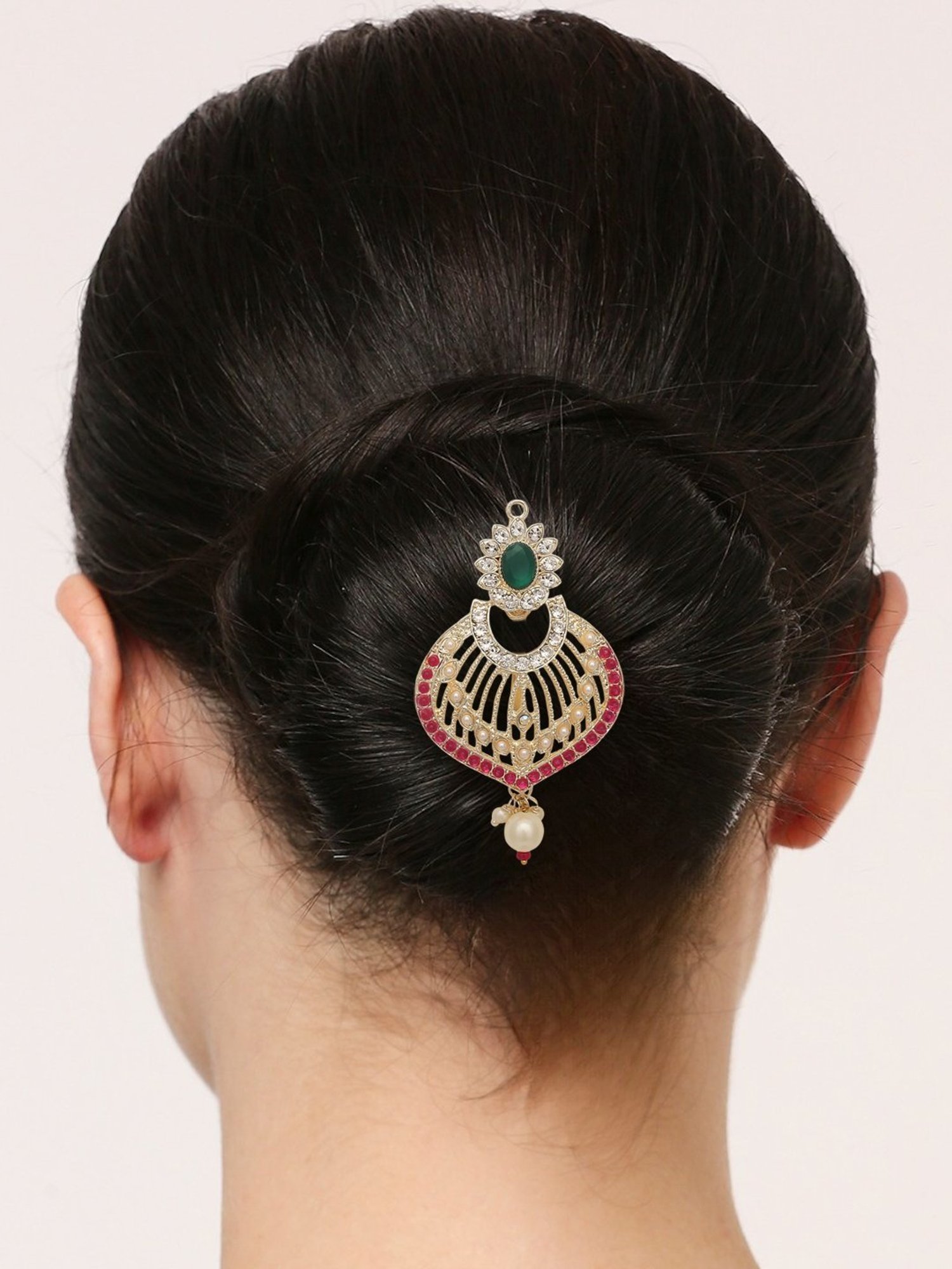OOMPH Combo of 3 Maroon Green Stones & Pearls Hair Bun Pin Juda Pin Ethnic Chandbali Style