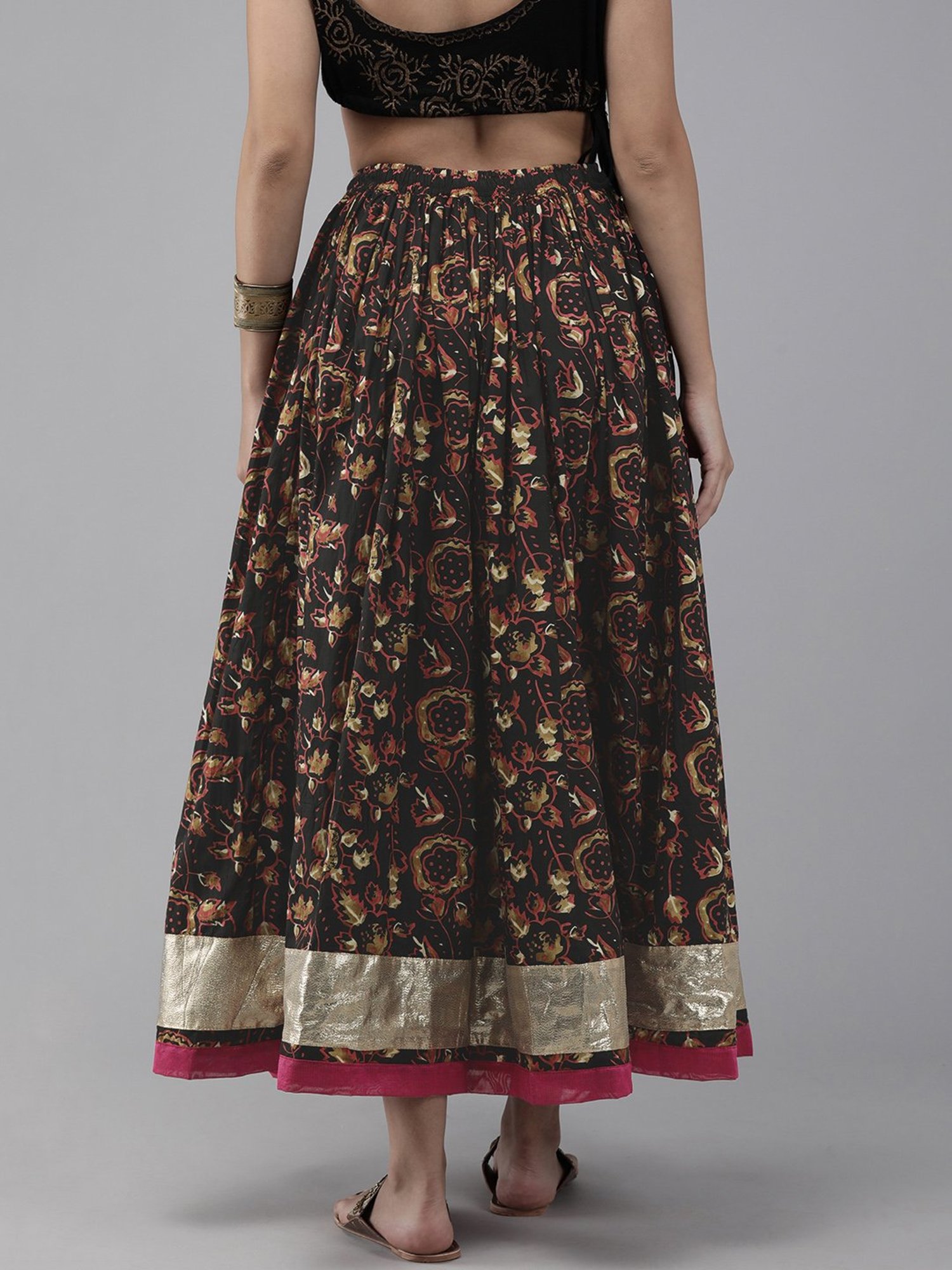 Geroo Jaipur Black Hand Block Printed Skirt With Magzi Border