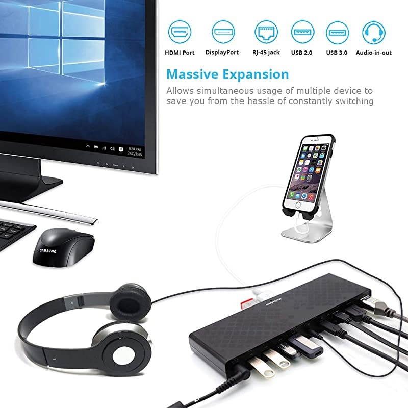 USB C Docking Station w 45W Laptop Power Delivery Dual HDMI+DisplayPort USB 3020 Ethernet AudioMic Jack Bundle 65W AC Adapter CC Cable CA Dongle for Mac amp Windows OS