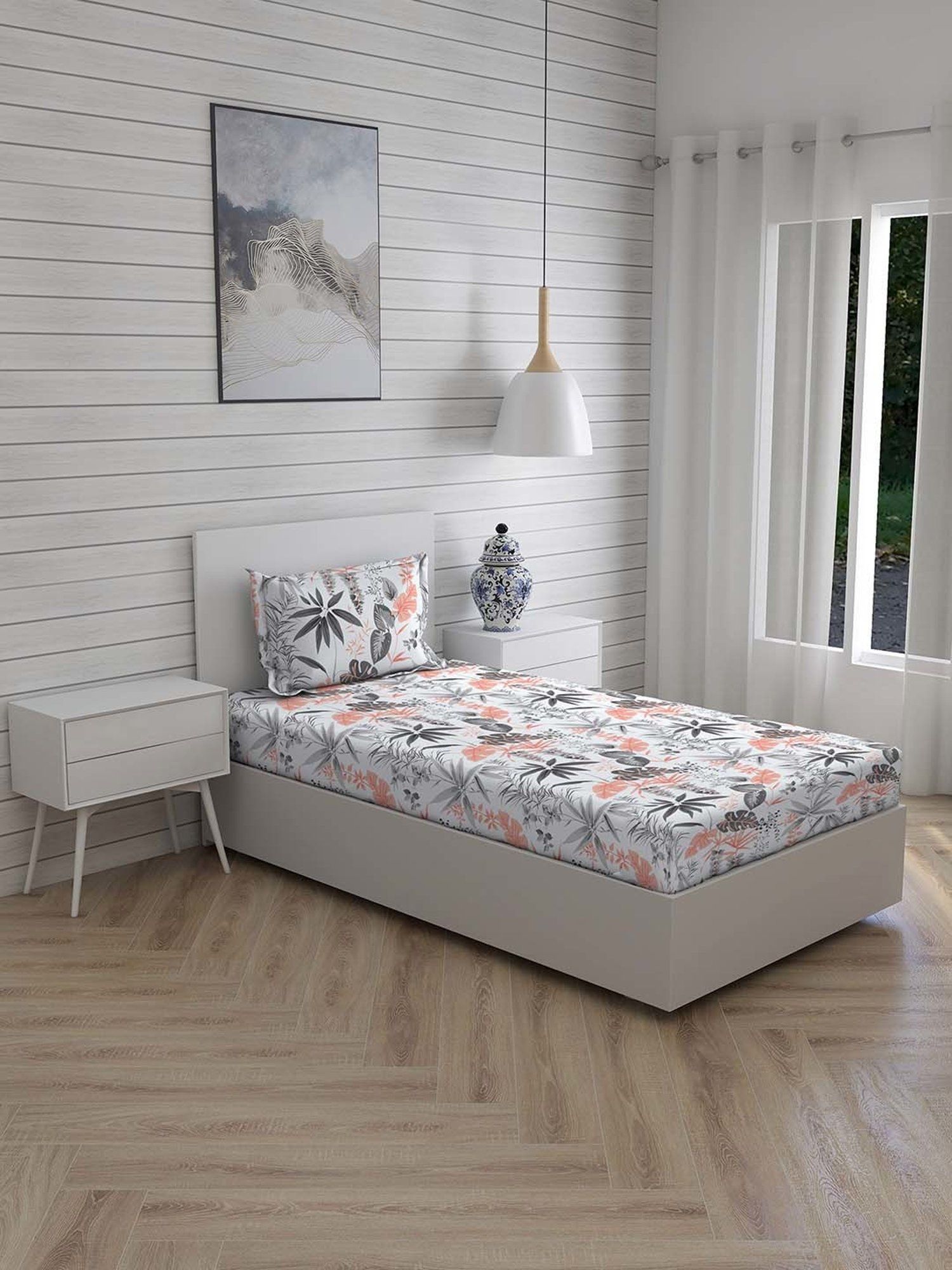 Layers Tuscany Grey Cotton 104 TC Single Flat Bed Sheet With 1 Pillow Cover