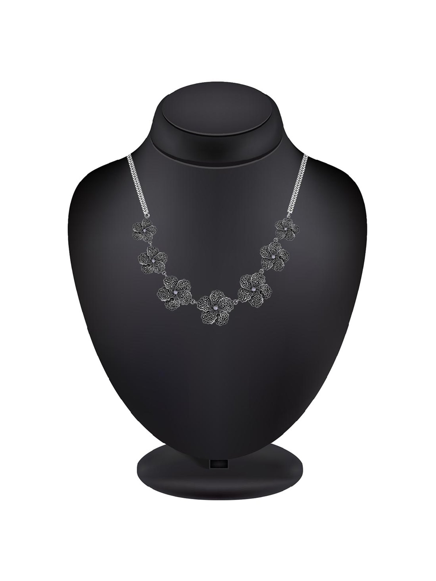 Rihi by P.C. Chandra Jewellers Oxidized Flower Necklace Set With White Stone For Women And Girls
