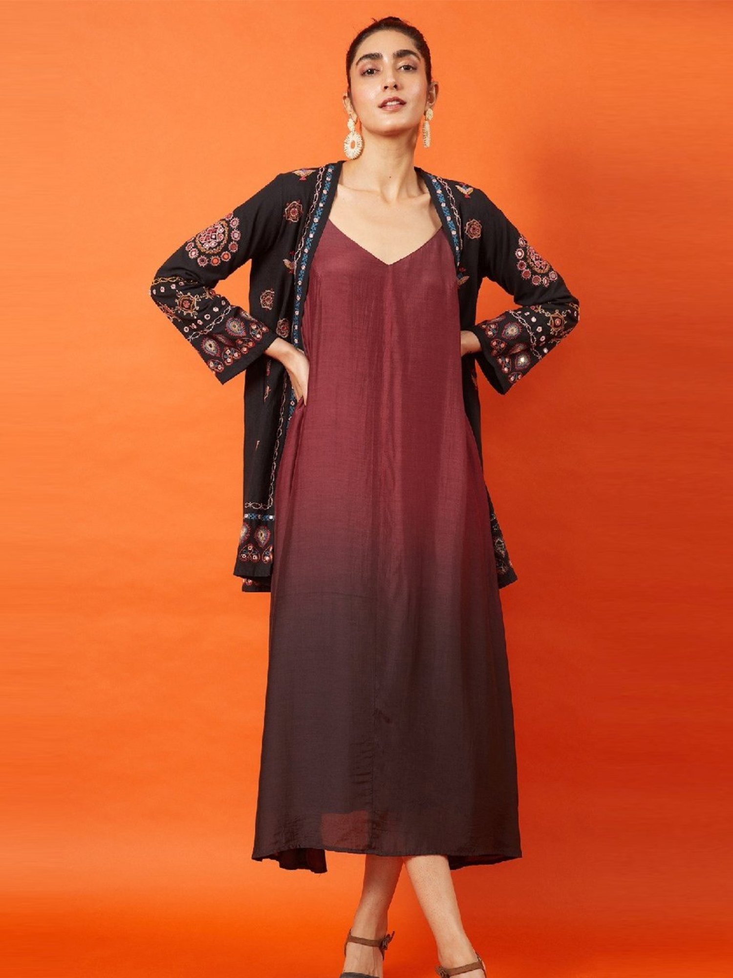 Okhai Maharani Black Pure Cotton Kutch Hand Embroidered Long Jacket