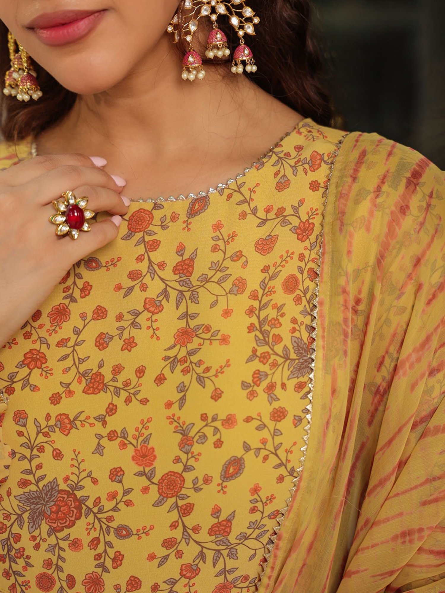 Janasya Mustard Georgette Printed Kurta With Pant & Dupatta