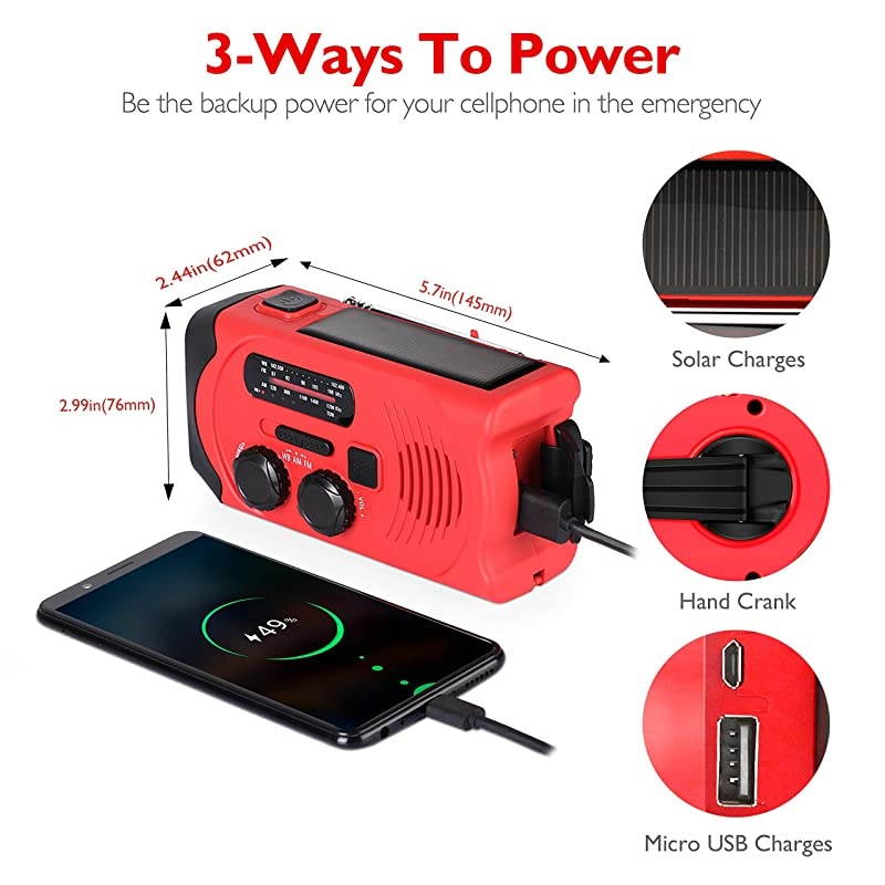 Solar Radio, AM/FM NOAA Weather Redio for Household and Outdoor, Hand Crank Self Powered Radio with LED Flashlight 2000mAh for Phone Charger Red