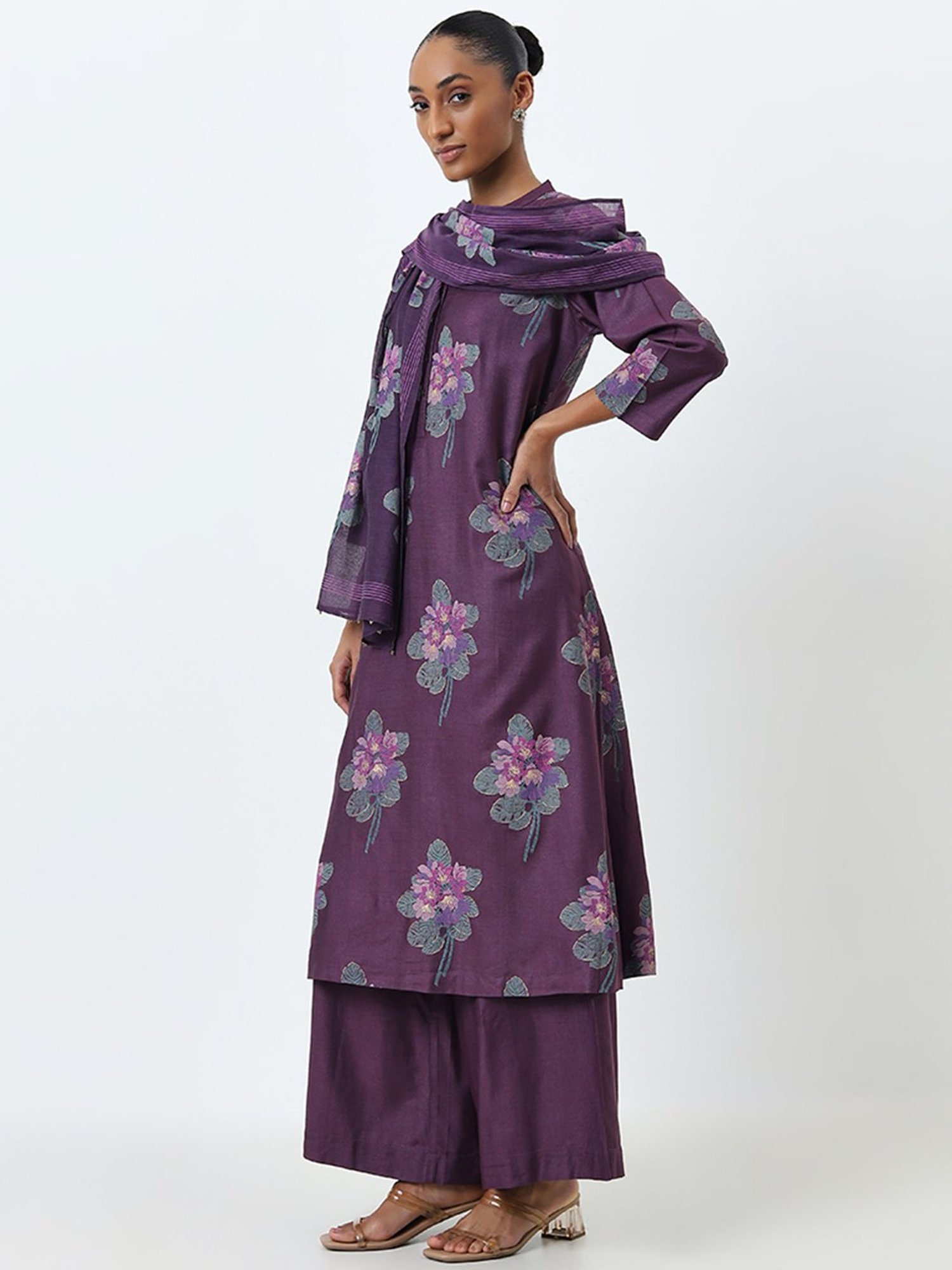 Zuba by Westside Purple Floral Motif A-Line Kurta