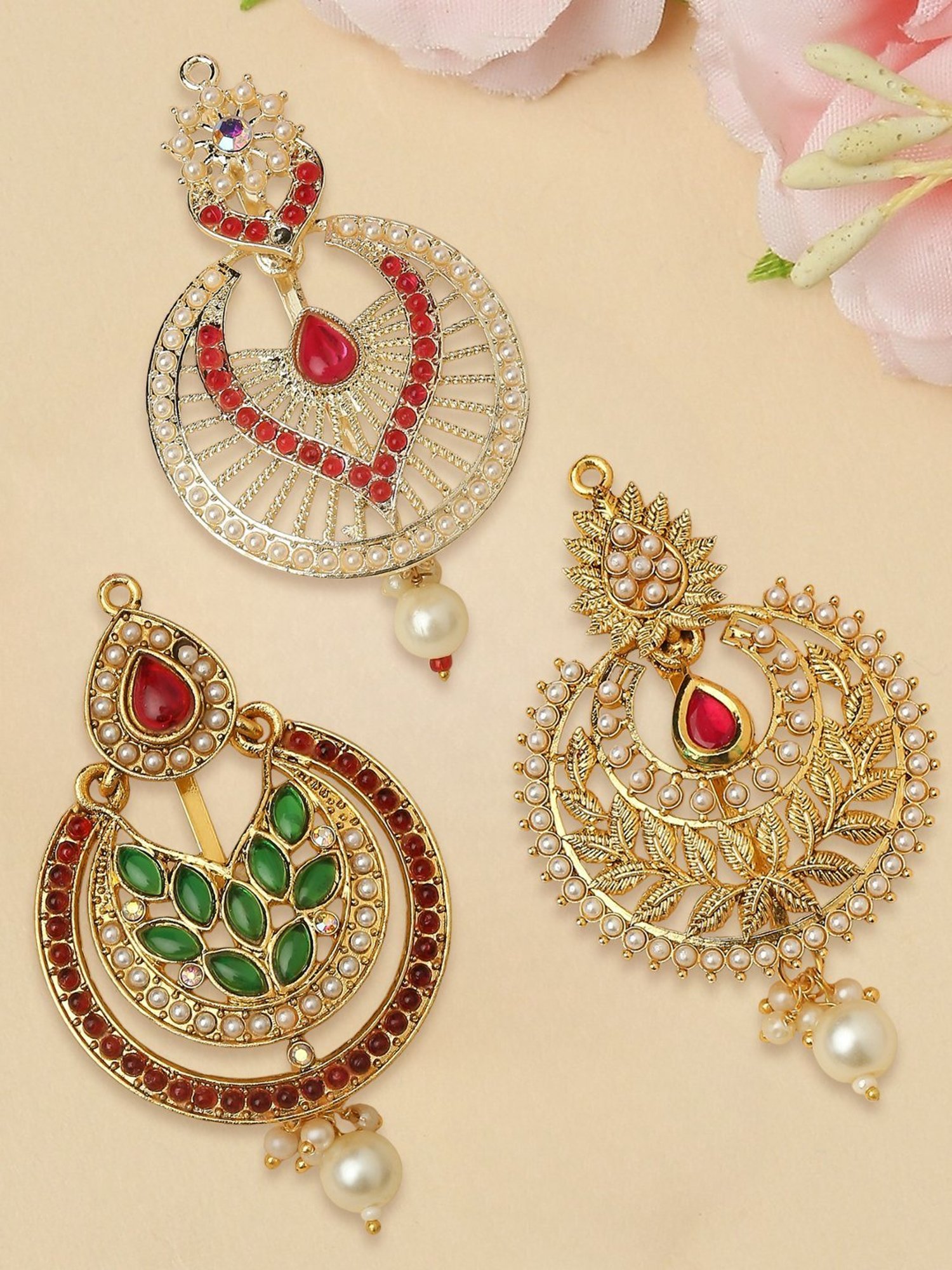 OOMPH Combo of 3 Maroon & Green Stones Kundan Hair Bun Pin Juda Pin Ethnic Chandbali Style