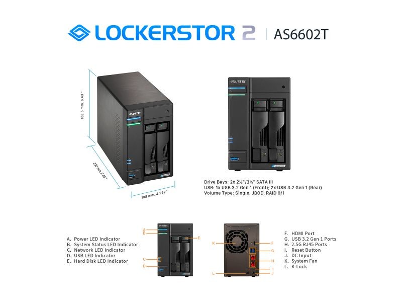 Asustor AS6602T 2-Bay NAS Intel Celeron J4125 Quad-Core 4GB DDR4 SODIMM M.2 Slots Network Attached Storage