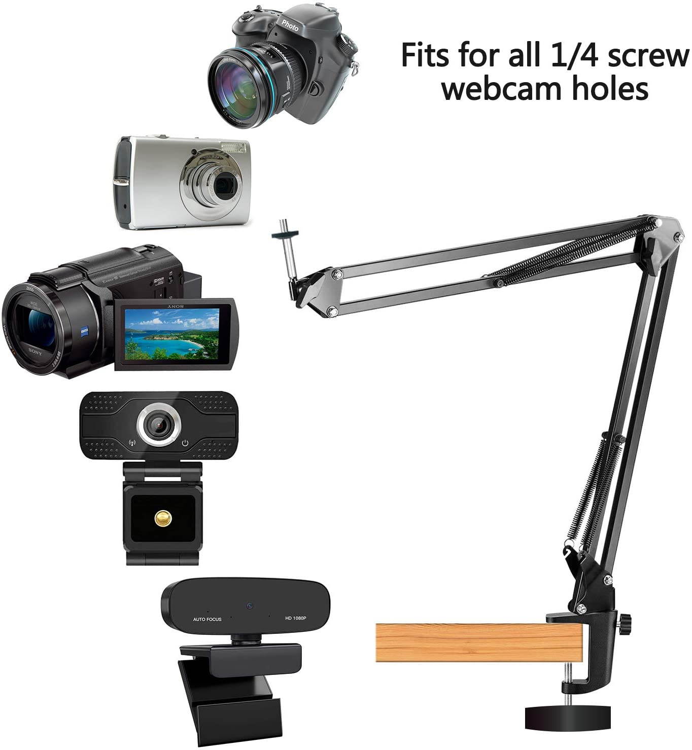 Webcam Stand, Webcam Clamp Mount, Adjustable Rotatable Cantilever Scissors Long Arm Bracket, With Aluminum Fixing Clip-Built-In 1/4 Inch Screw For Logitech Webcam C930e, C930, C920, Etc.