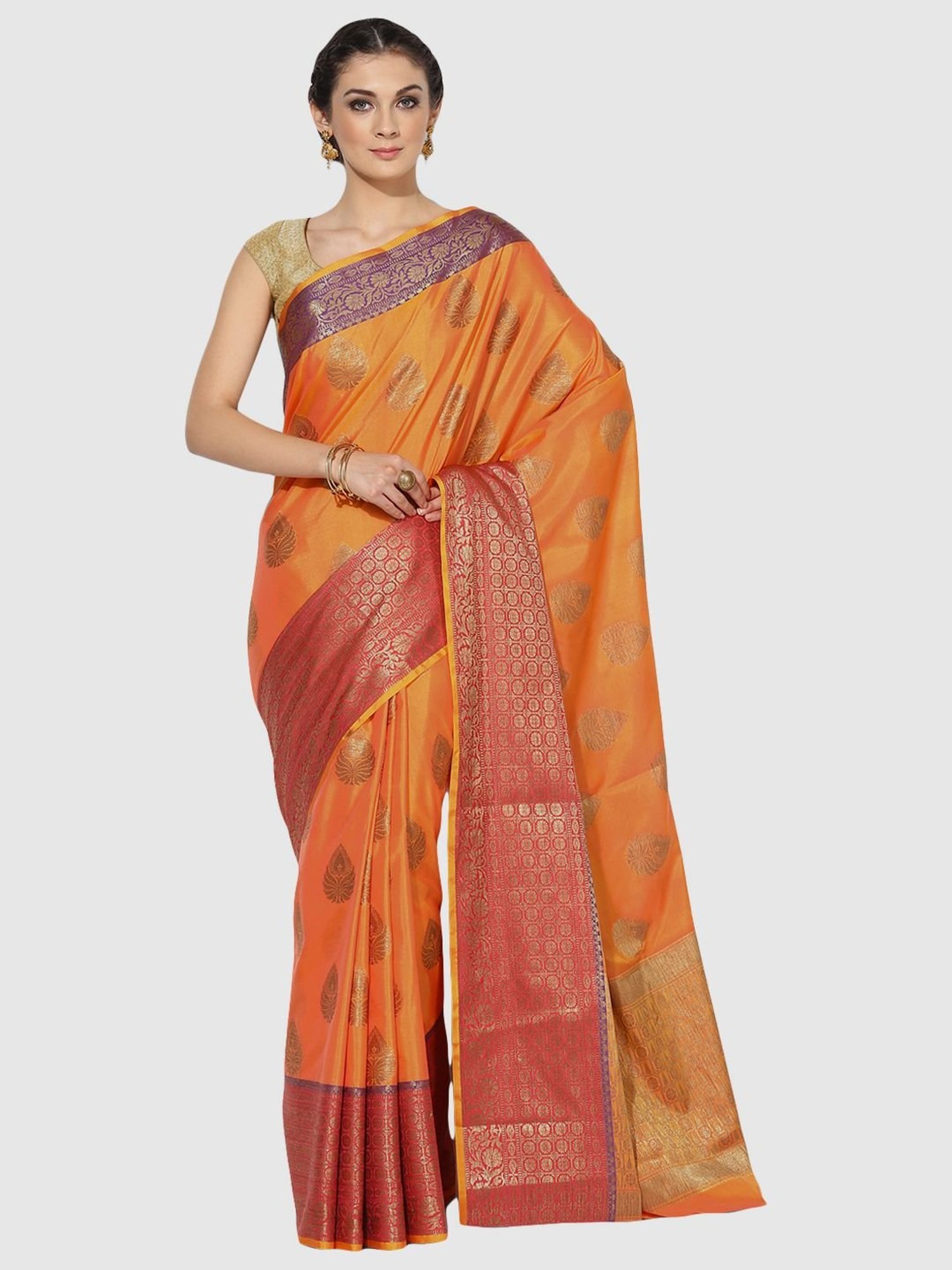 Banarasi Silk Works Orange Woven Saree With Unstitched Blouse