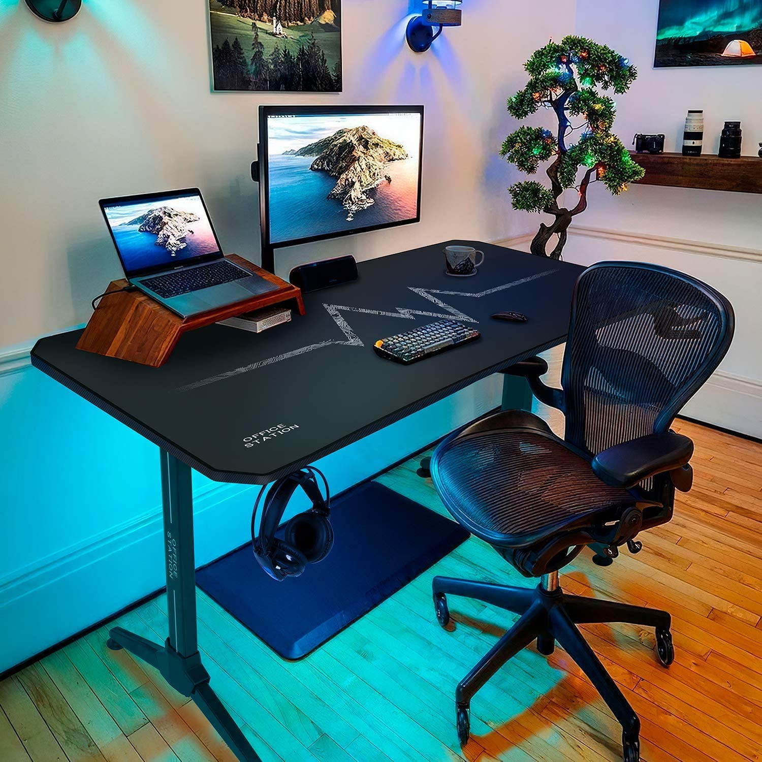 Furmax 43 Inch Gaming Desk Racing Style PC Computer Desk Y-shaped Home Office with Desk Large Carbon Fiber Desktop, Cup Holder, Headphone Hook, Full Mouse Pad, and Gaming Handle Rack (Black)