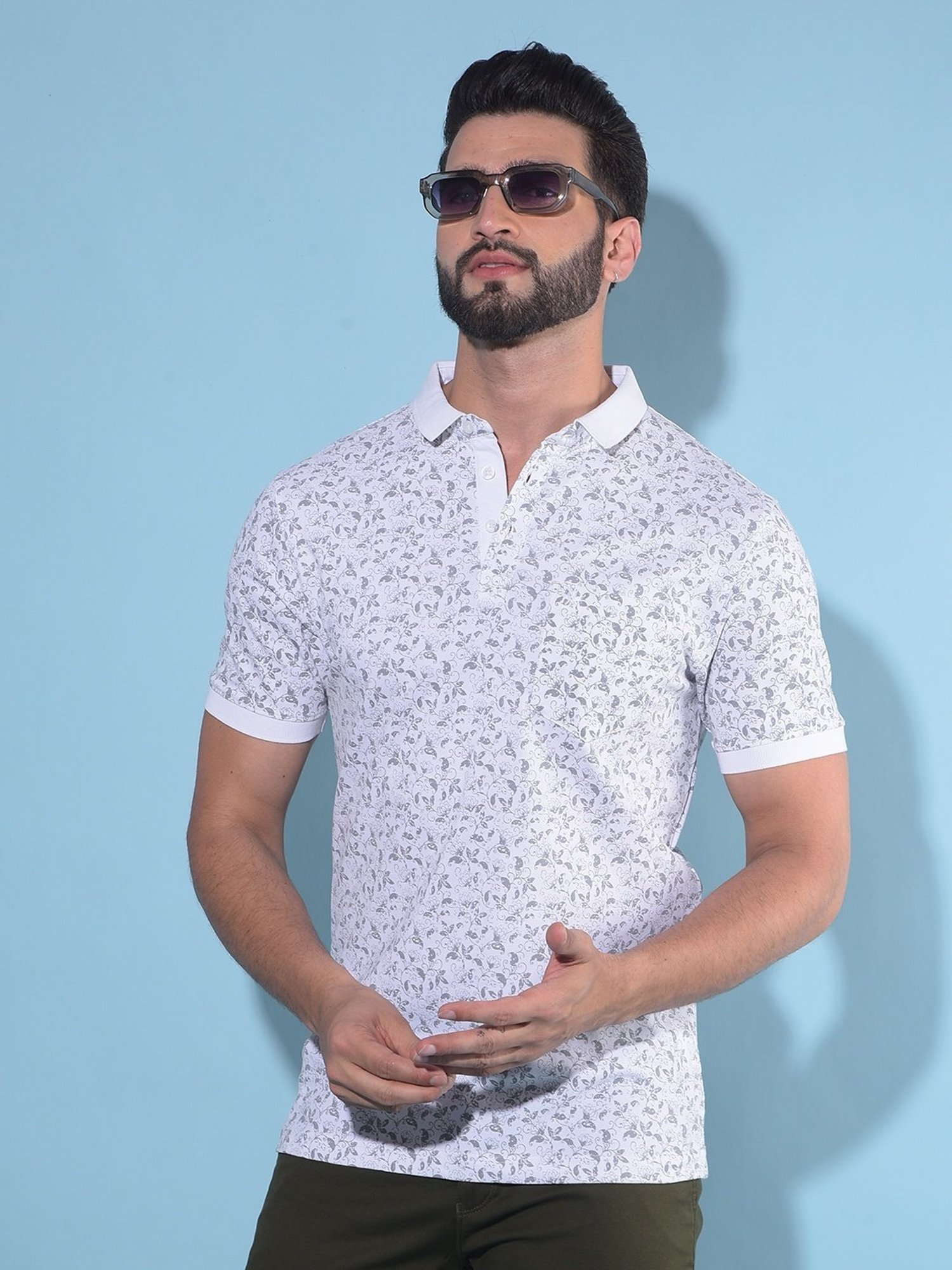 Crimsoune Club Blue Cotton Slim Fit Floral Print Polo T-Shirt