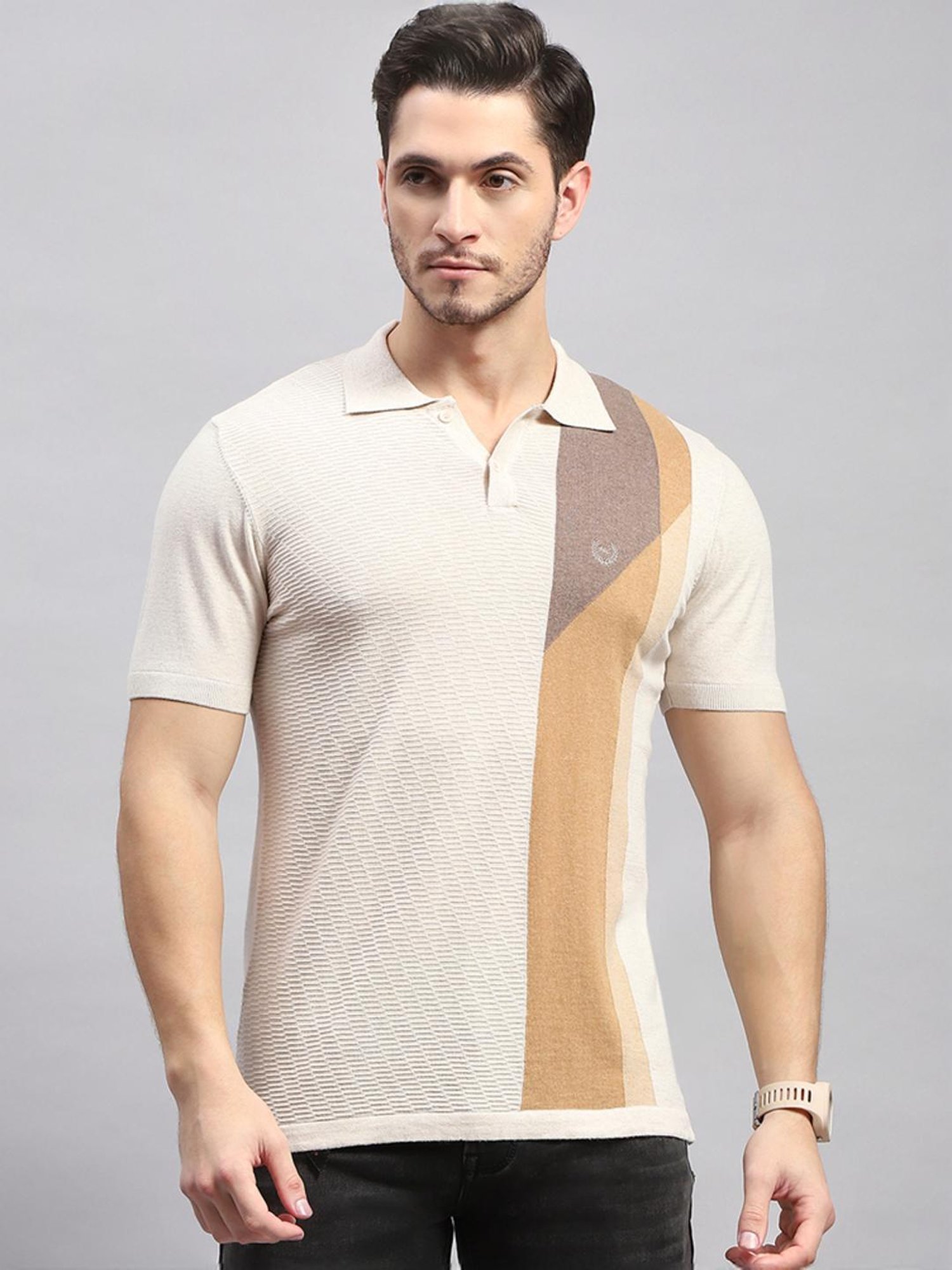 Monte Carlo Beige Cotton Regular Fit Printed Polo T-Shirt