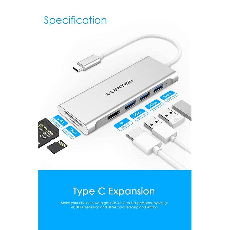 USB C Hub with 4K HDMI 3 USB 30 SD 30 Card Reader Compatible 20202016 MacBook Pro 131516 New iPad ProMac AirSurface Chromebook More MultiPort Dongle Adapter CBC34 Silver