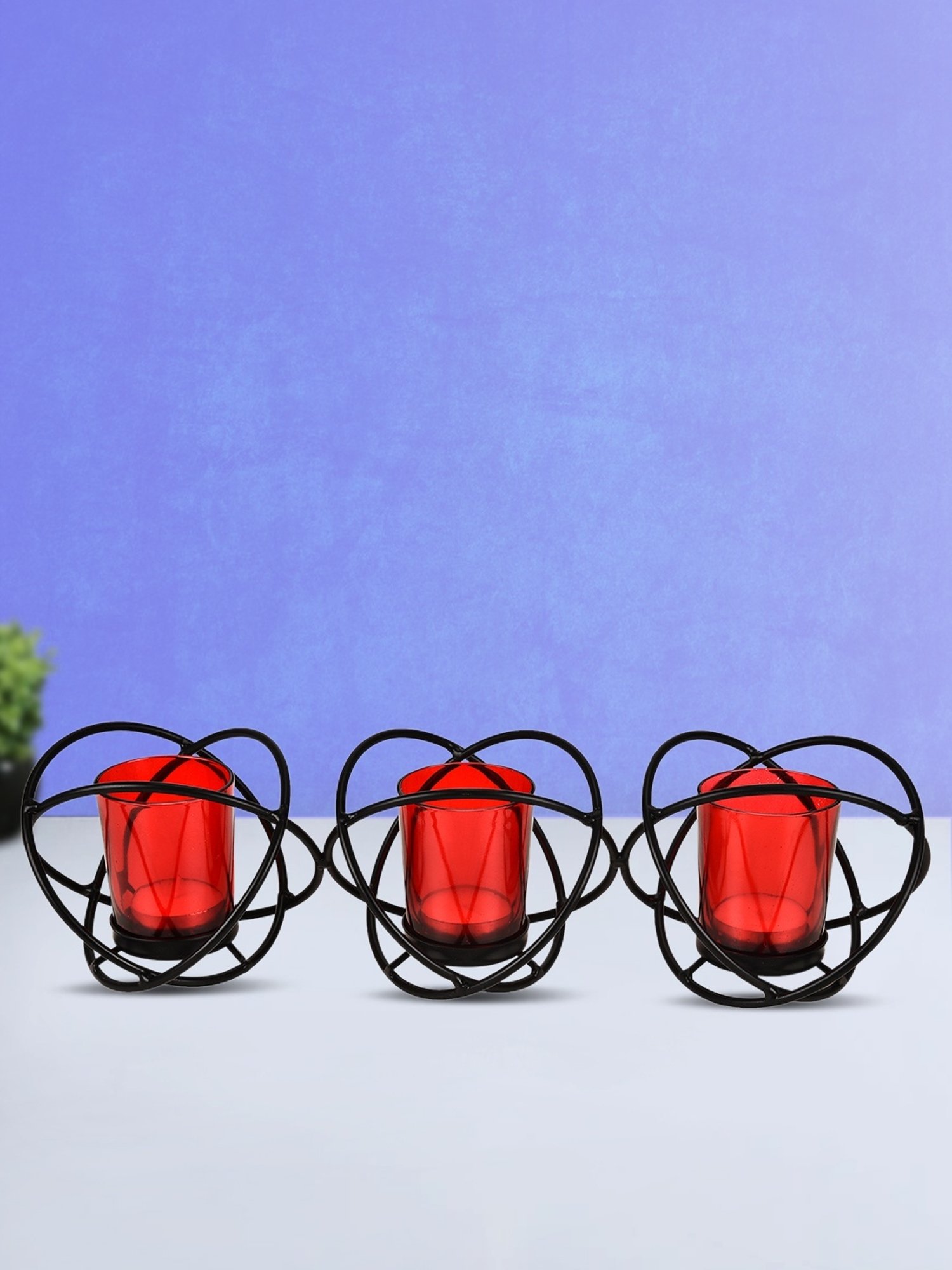 HOSLEY Black Iron Decorative Tealight Holders with Glass - Set of 3