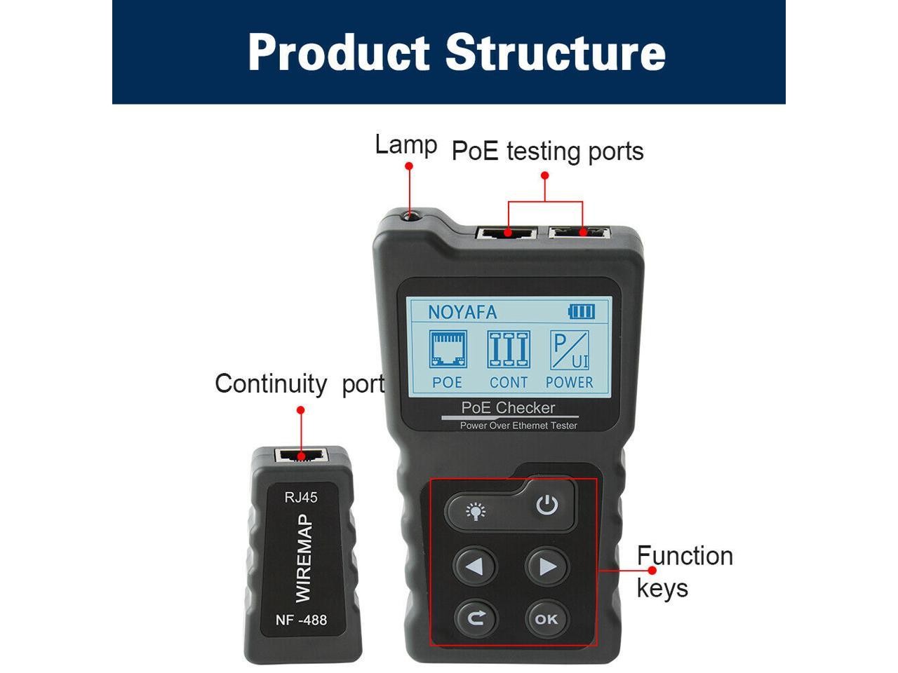 Noyafa NF-488 Inline Current Tester and PoE Voltage with Cable Tester Test  voltage Test standard / non-standard PoE equipment, voltage, polarity, mid-span or end-span.