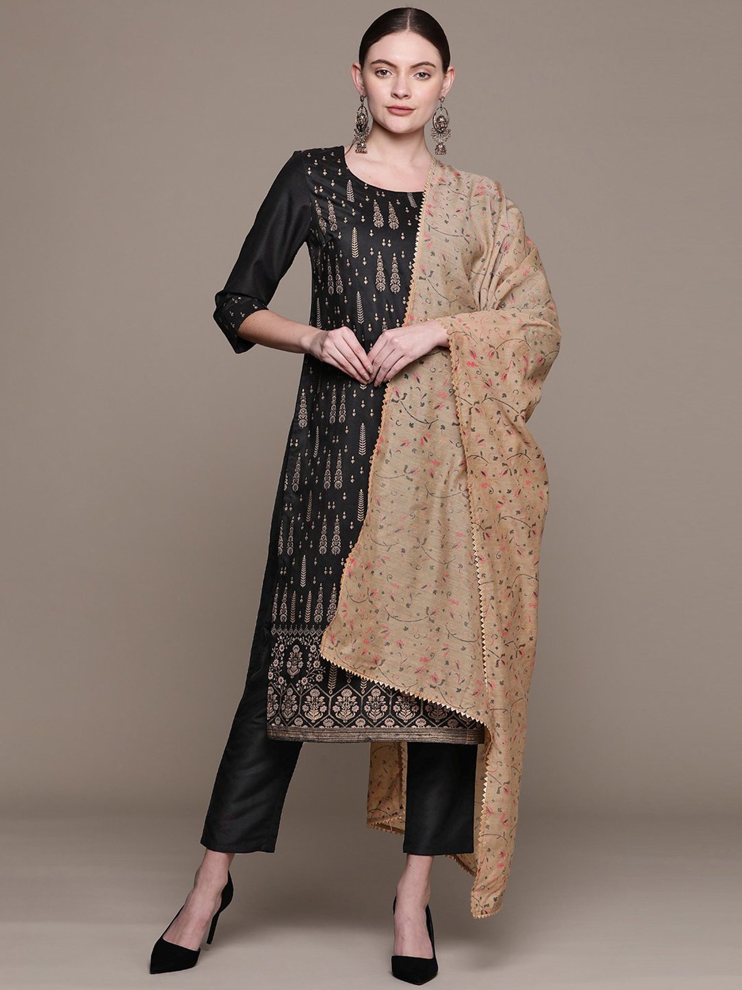 Ziyaa Black Printed Kurta Pant Set With Dupatta