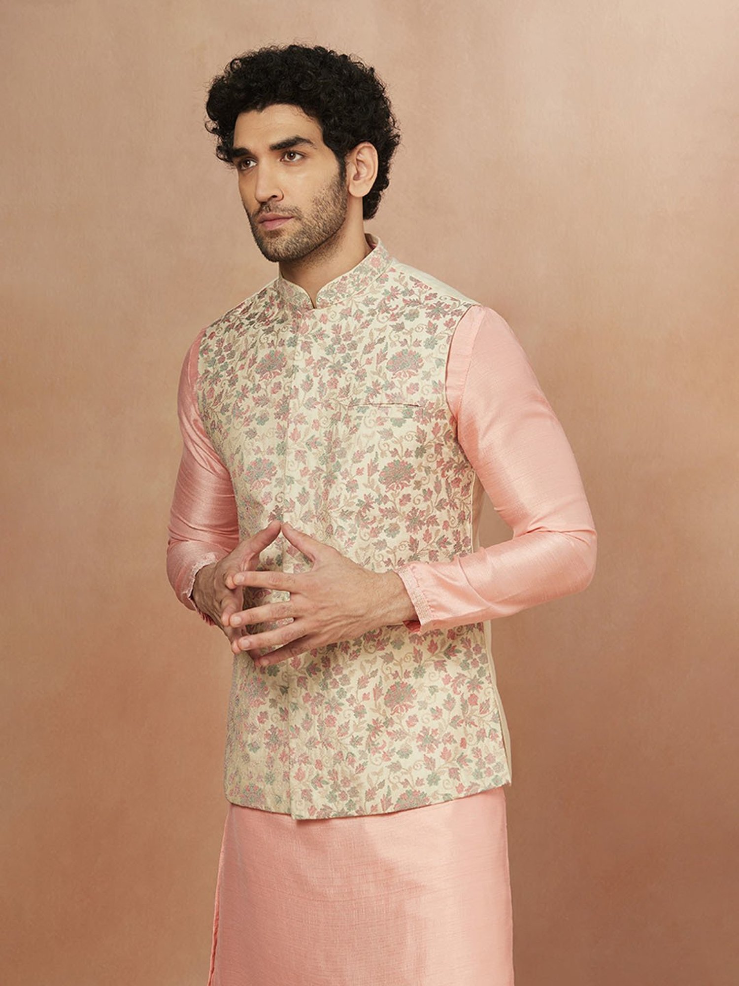 Manyavar Cream Floral Printed Nehru Jacket