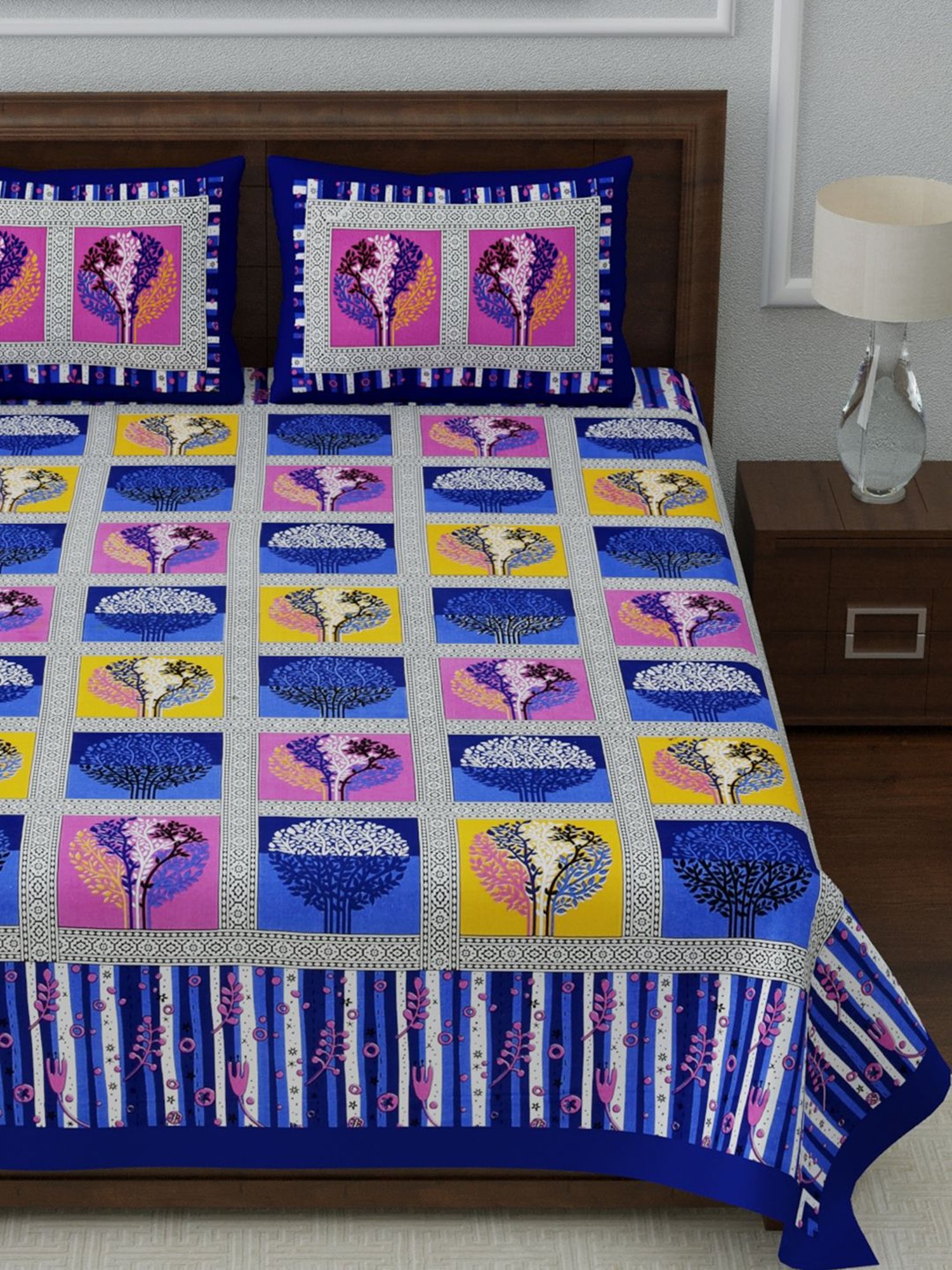 Living Roots Multicolor Jaipuri Printed Cotton Bed Sheet with 2 Pillow Cover