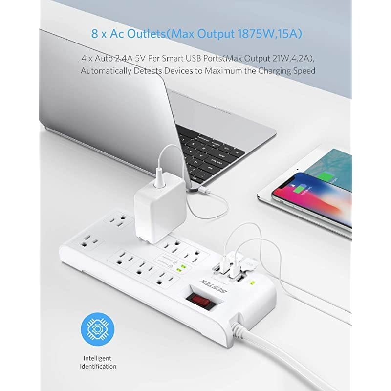 4000 Joules Surge Protector with USB Power Strips with 8 AC Outlets 15A 125V DC 5V 42A 4 Smart USB Charging Ports Long 6 Feet Heavy Duty Extension Cords FCC ETL Listed White