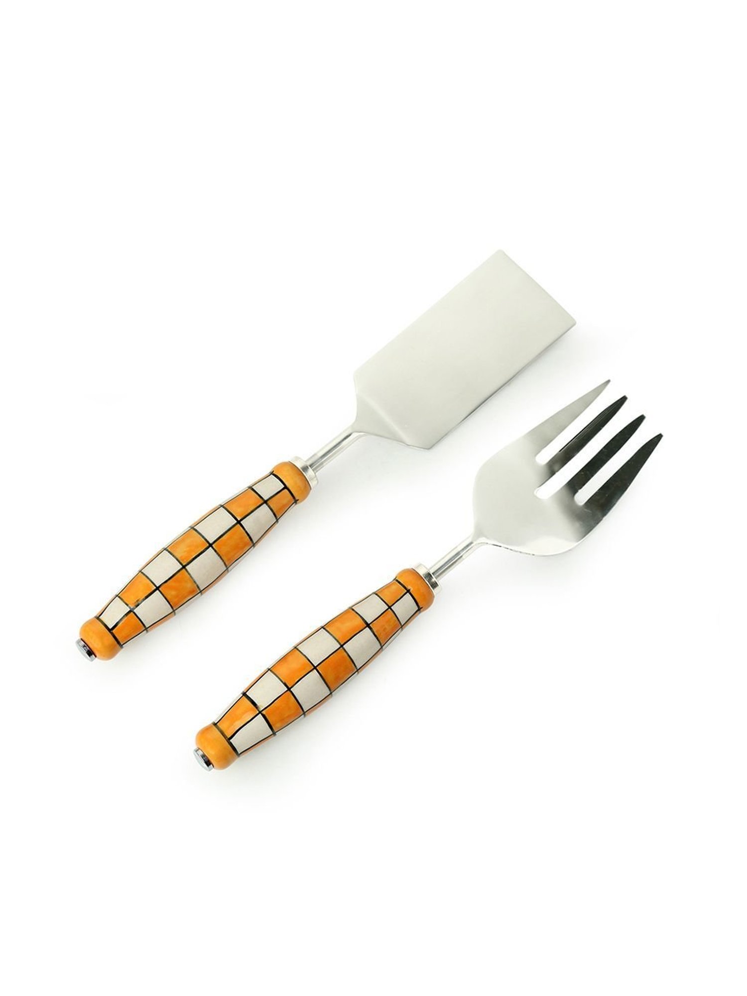 ExclusiveLane 'Shatranj Check' Hand-Painted Serving Fork & Scraper Cutlery Set (Set of 2)