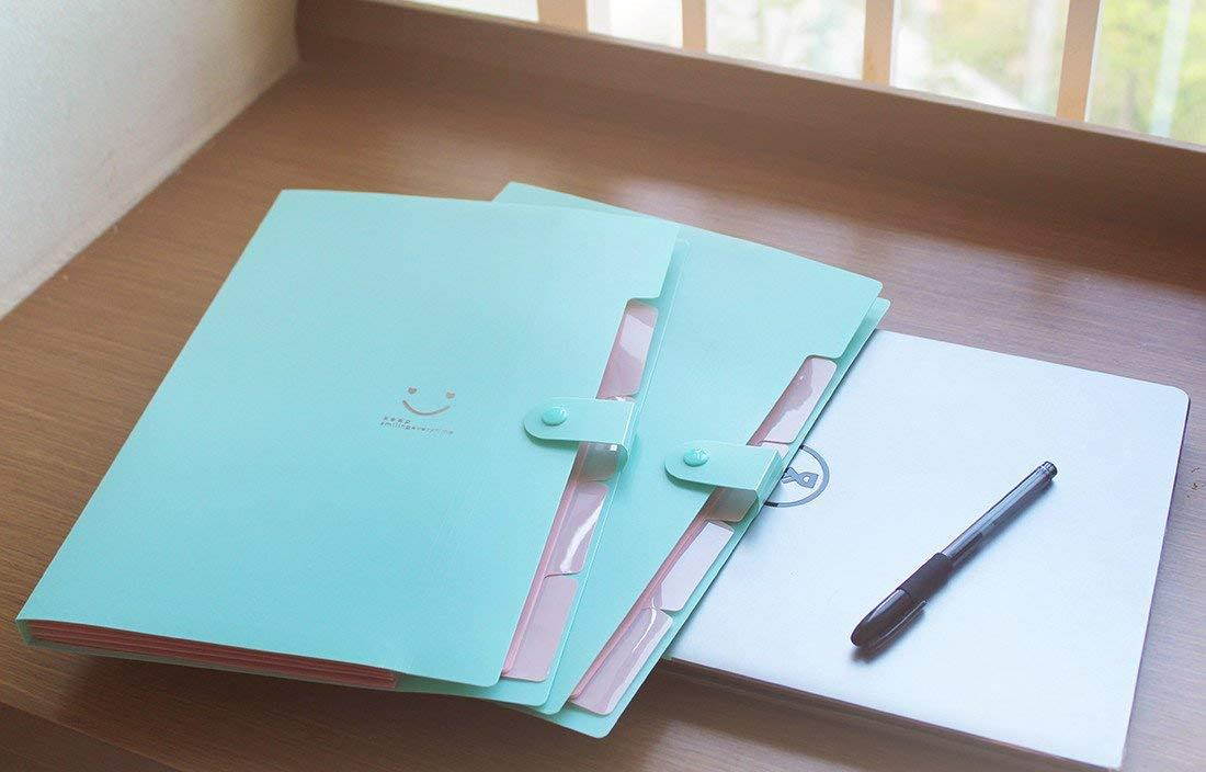 Placstic Expanding File Folders Accordion Document Organizer 5-Pocket A4 Letter Size with Snap Closure for School and Office,2-Pack,Green