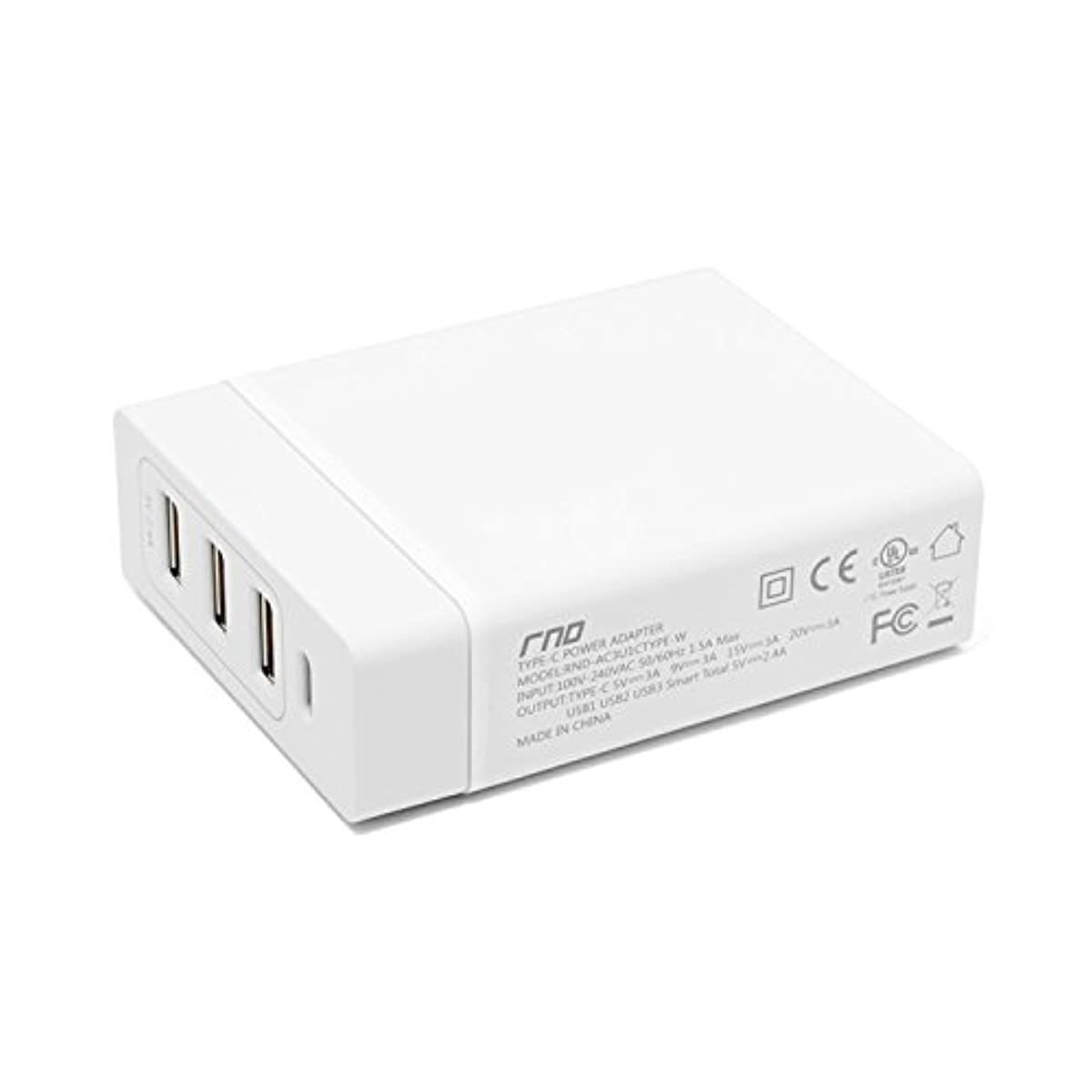 RND 72W Smart Travel Charger with One Type-C (USB-C) Port and Three USB Ports Compatible with: Apple MacBook, Google Pixel, LG, Samsung Galaxy (S10, S9, S8, Note) and All Type C Devices (White)