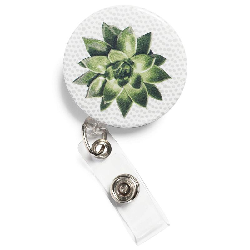 6-Count Retractable Badge Holders with Carabiner Reel Clip for ID/ Name Tag/ Key Card, Green Succulent