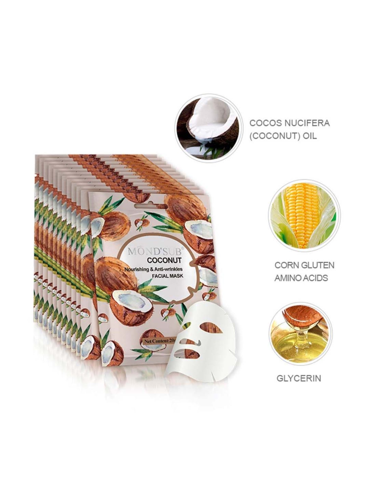 MONDSUB Coconut Anti Wrinkles Facial Sheet Masks (Pack of 5) - 20 ml Each