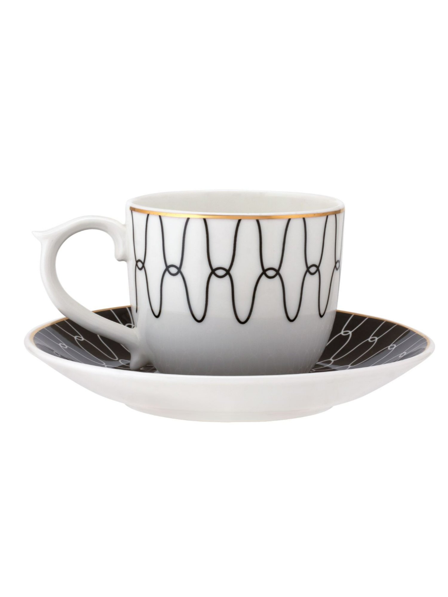 Clay Craft Printed Black Colour Black Line Fine Ceramic Cup Saucer (Set of 12) - 180 ml