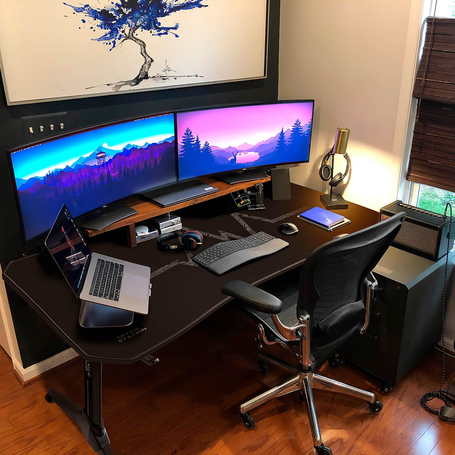 Furmax 55 Inch Gaming Desk Racing Style PC Computer Desk Y-shaped Table Home Office Desk with Large Carbon Fiber Surface, Free Mouse Pad, Headphone Hook, Gaming Handle Rack and Cup Holder (Black)