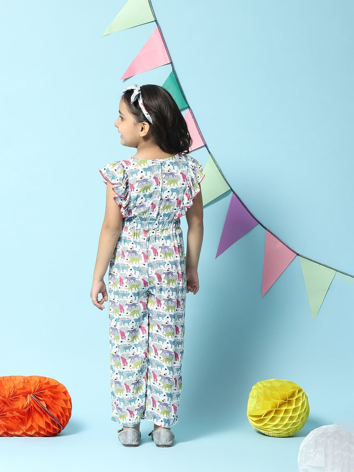 BIBA Girls White Printed Jumpsuit with Headband