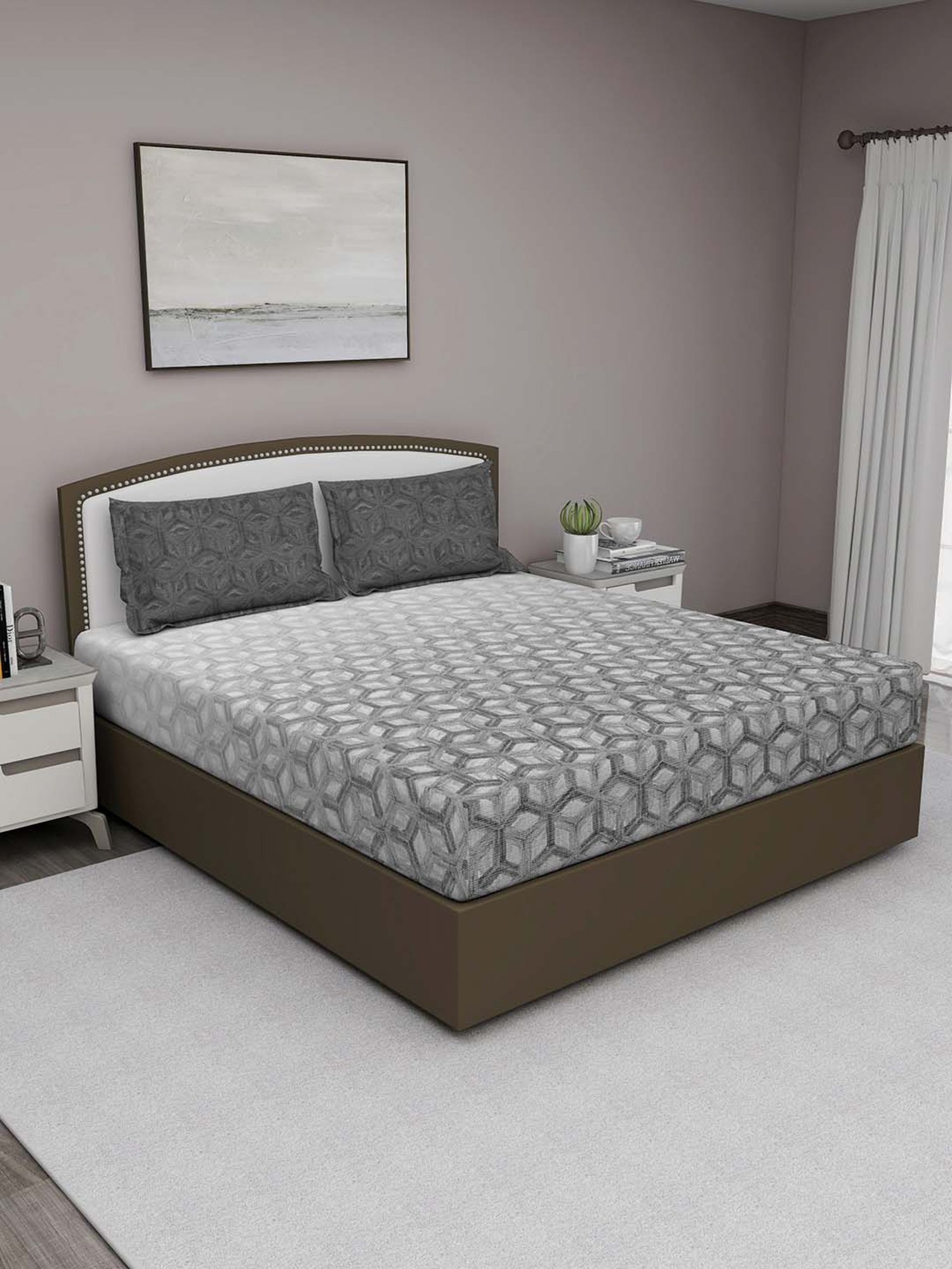 GM Charcoal Grey 100% Cotton 180 TC Queen Bedsheet Set