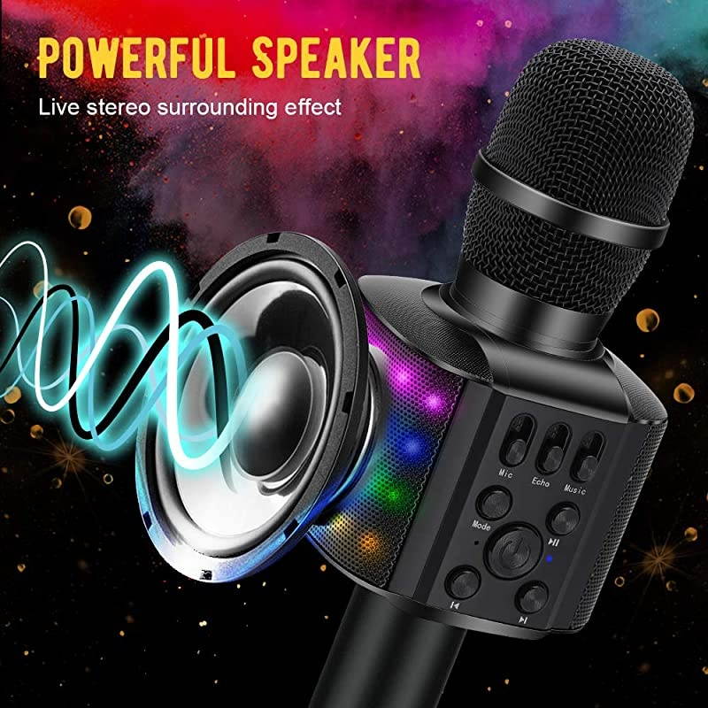 Wireless Bluetooth Karaoke Microphone with controllable LED Lights, 4 in 1 Portable Karaoke Machine Mic Speaker Birthday Home Party for All Smartphones PC(Q36 Black)