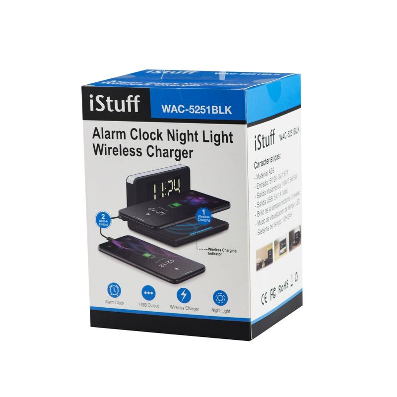 Nippon WAC-5251BLK iStuff 3 in 1 LED Illuminated USB Wireless Charger Multi Functional Alarm Clock with Night Light and 12 or 24 Hour Display, Black