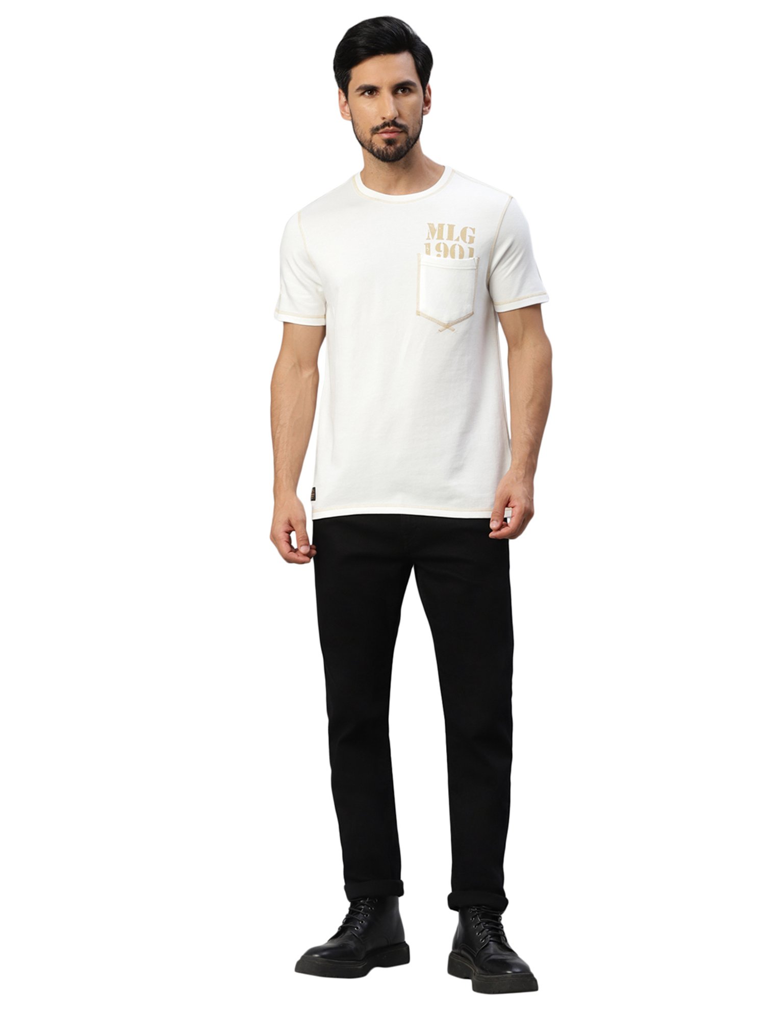 Royal Enfield Classic 1901 Rider Off White Regular Fit Printed Crew T-Shirt