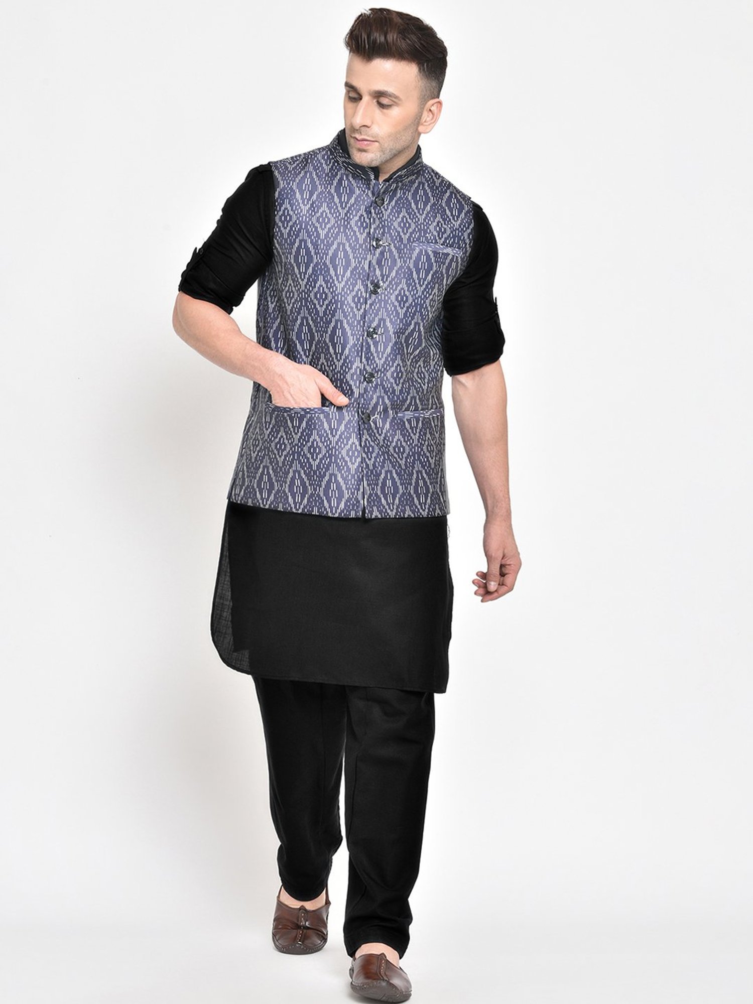 Hangup Plus Grey Regular Fit Printed Nehru Jacket