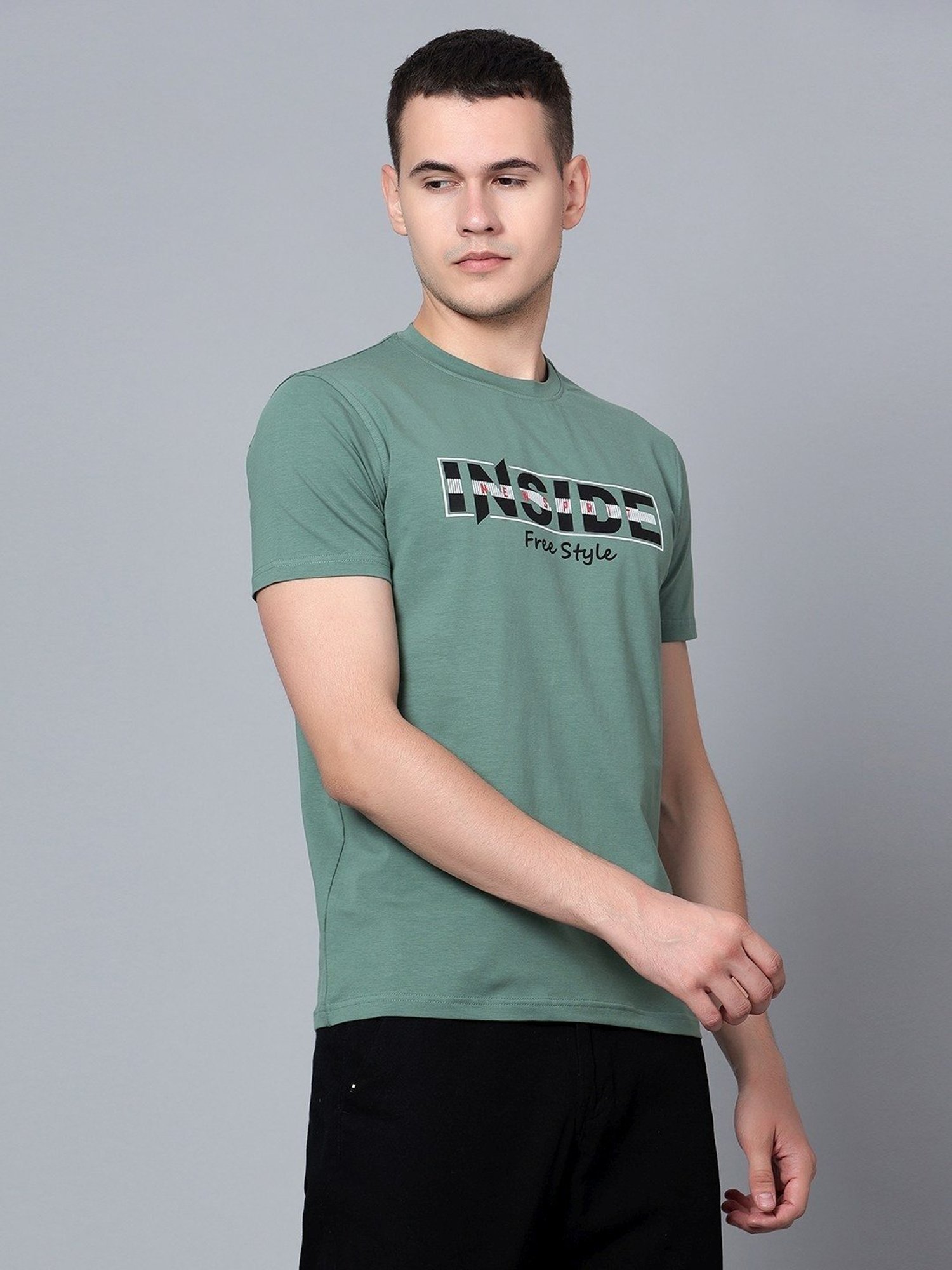 Cantabil Light Green Cotton Regular Fit Printed T-Shirt