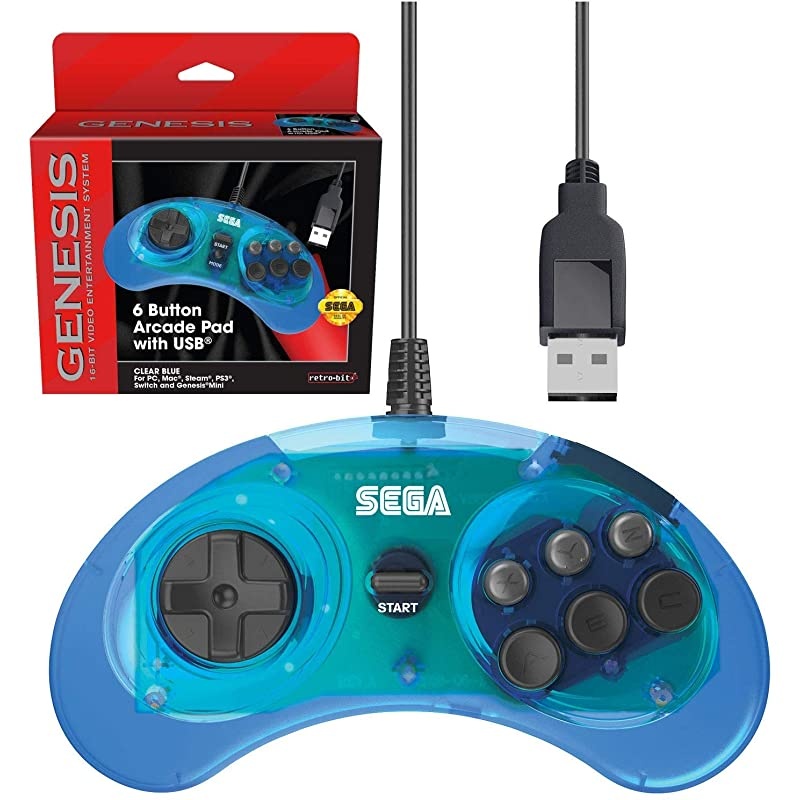 Official Sega Genesis USB Controller 6-Button Arcade Pad for Sega Genesis Mini, PS3, PC, Mac, Steam, Switch - USB Port - (Clear Blue)