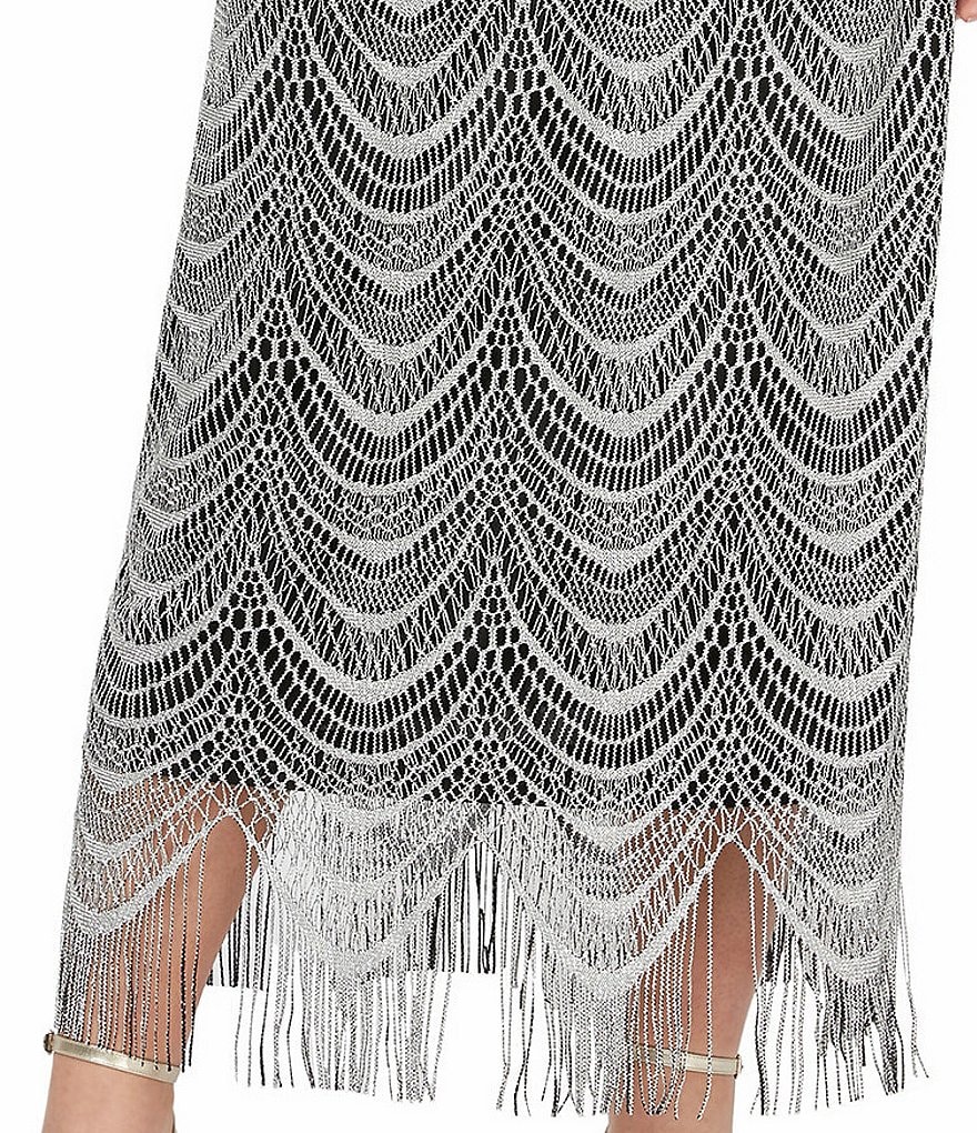 Ignite Evenings Plus Size Round Neck Short Sleeve Beaded Scallop Fringe Blouson Midi Dress