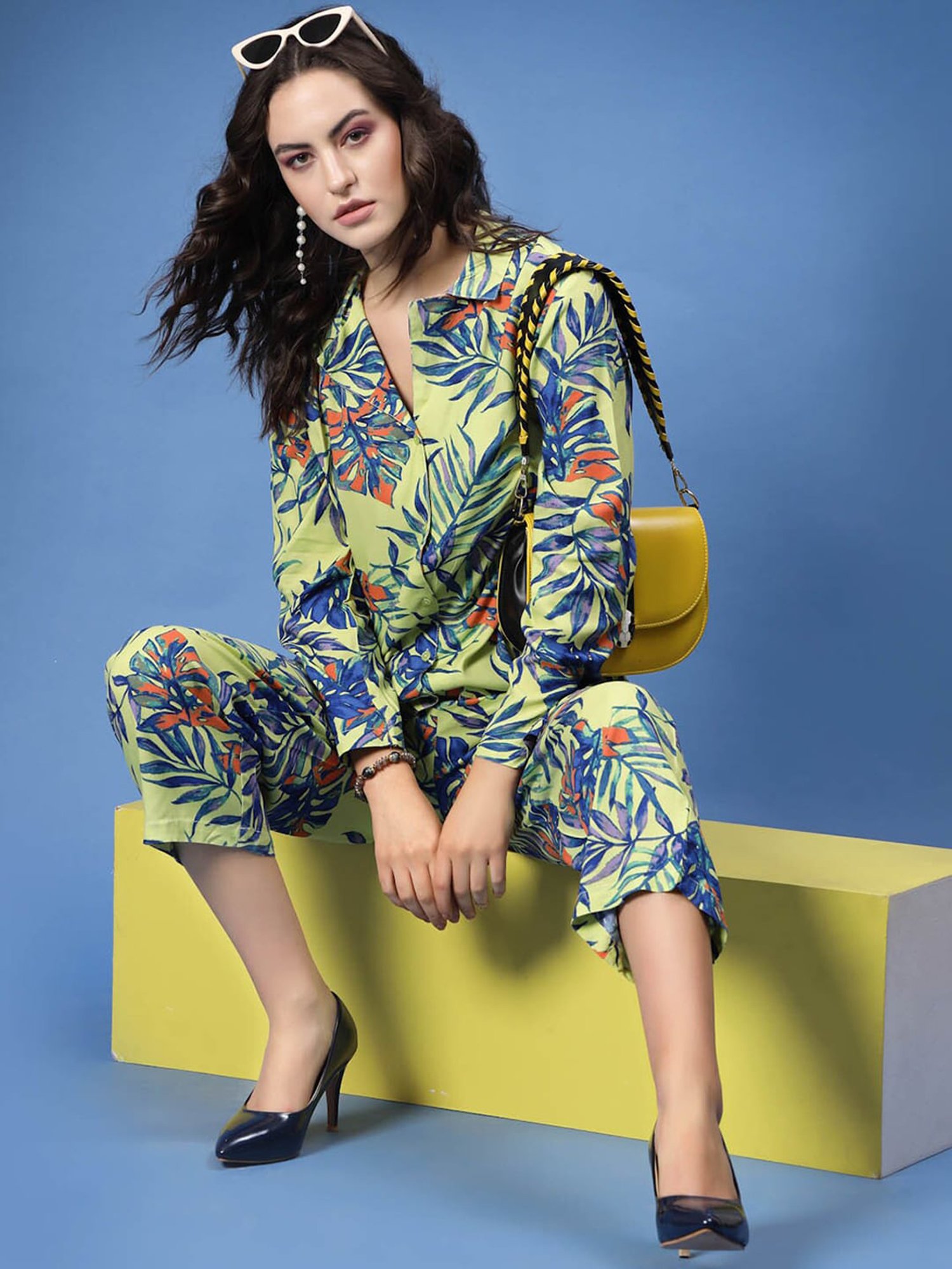 Melon by PlusS Yellow & Blue Printed Shirt With Trousers