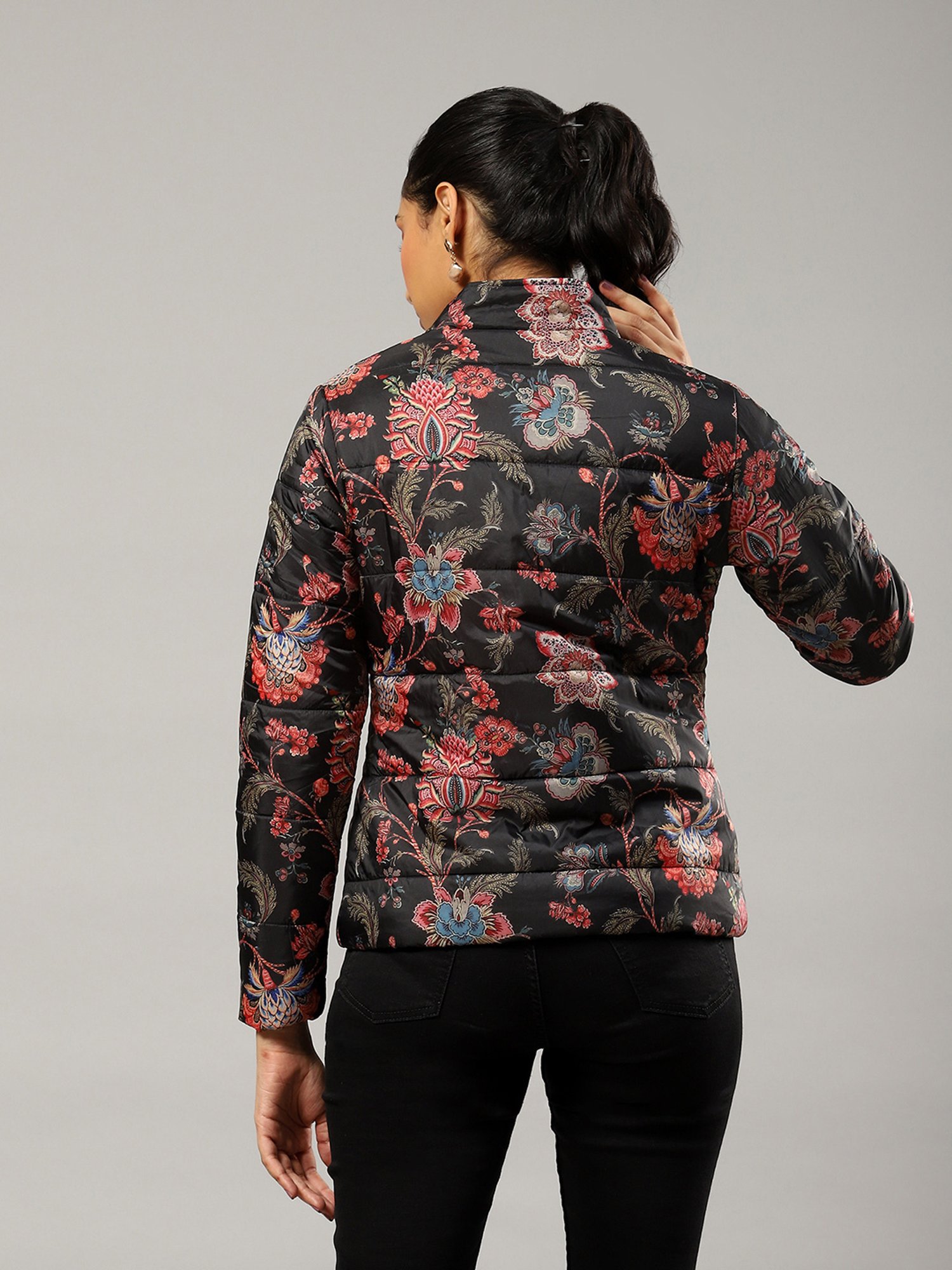 Label Ritu Kumar Black & Red Floral Print Puffer Jacket