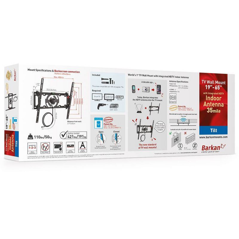 Barkan 19 - 65" Tilt Flat / Curved TV Wall Mount with Integrated HDTV Indoor Antenna Black