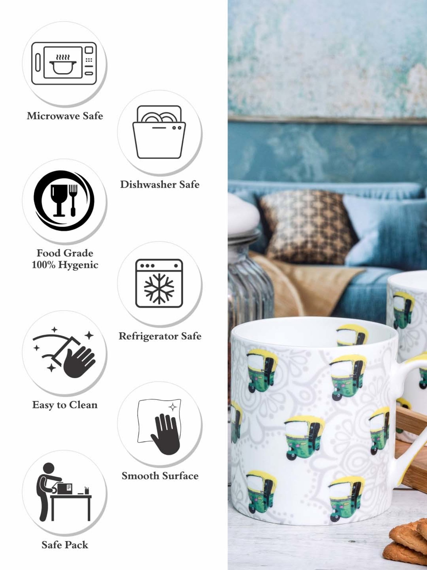 Goodhomes White & Green Bone China Coffee Large Mug (0.32 L) - Set of 2