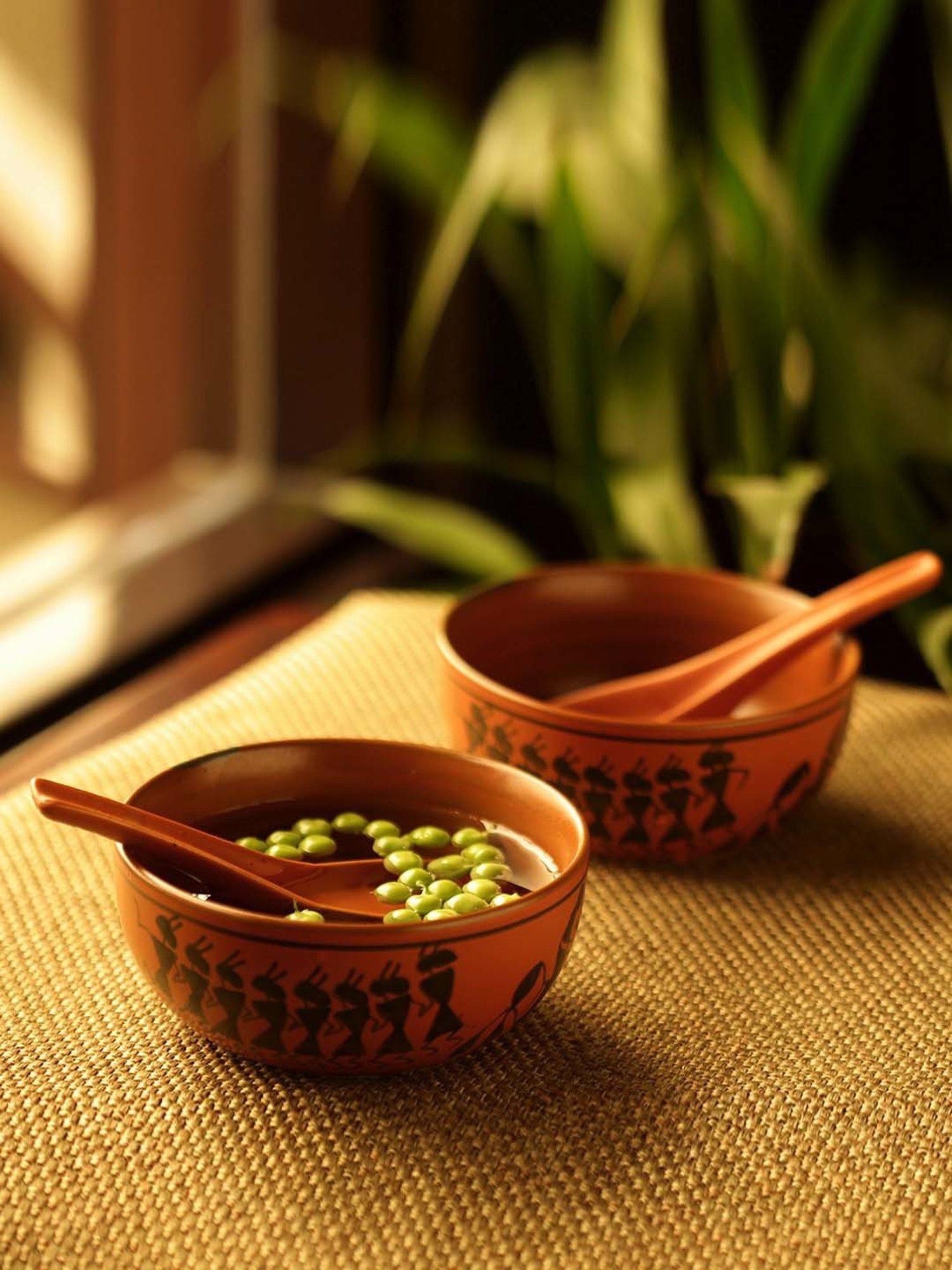 ExclusiveLane 'Bowl Dancing' Warli Hand-Painted Soup Bowls With Spoons In Ceramic (Set Of 2)